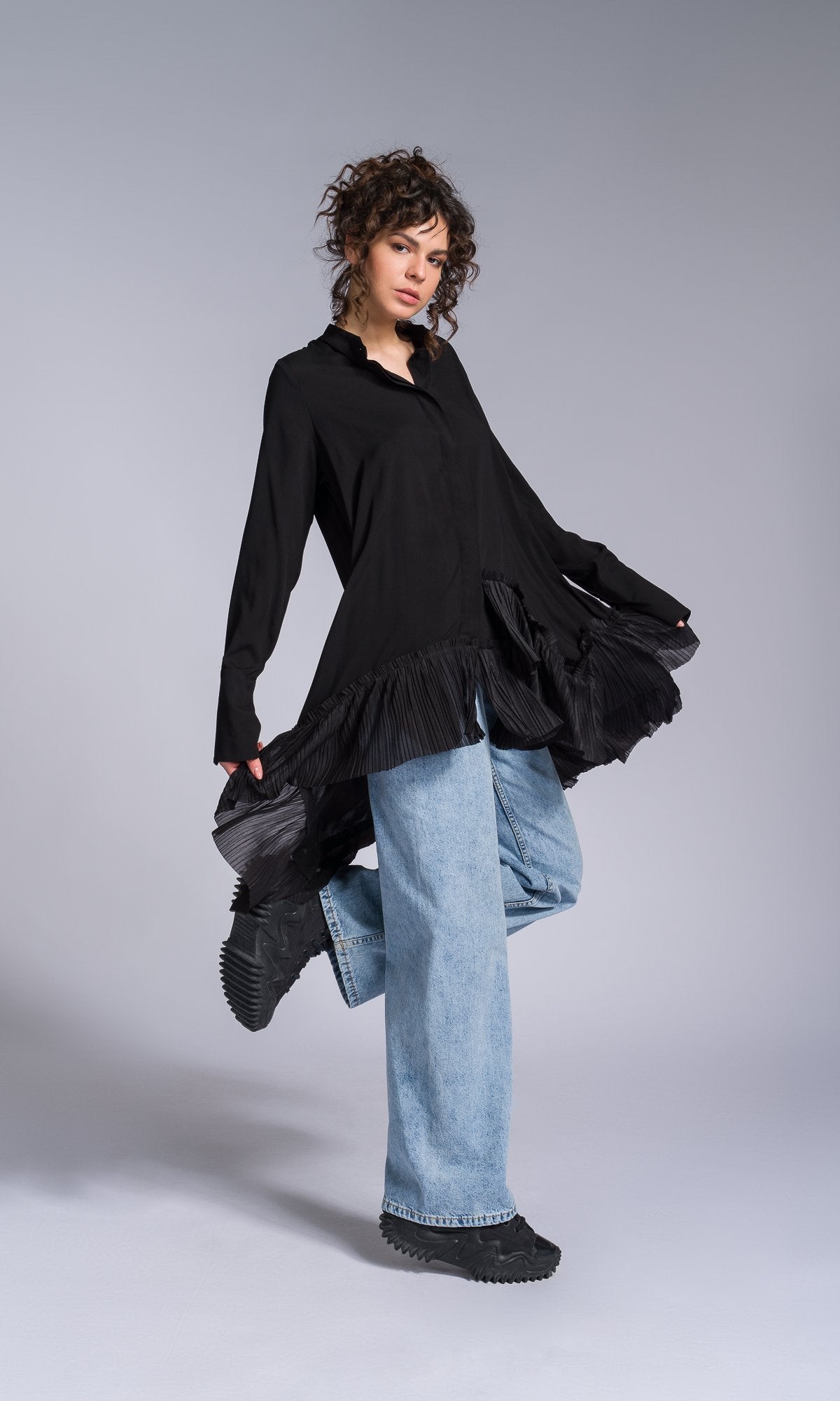 Pleated Hem Asymmetric Shirt - AAKASHA