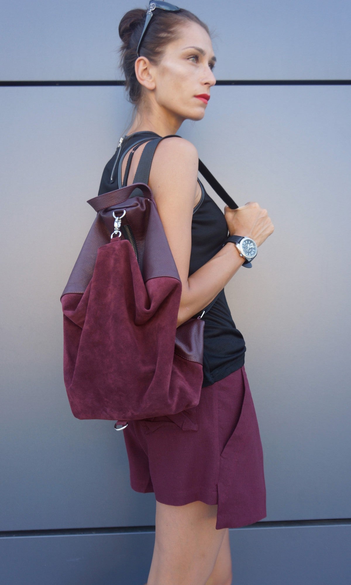 Leather and Suede Folding Backpack