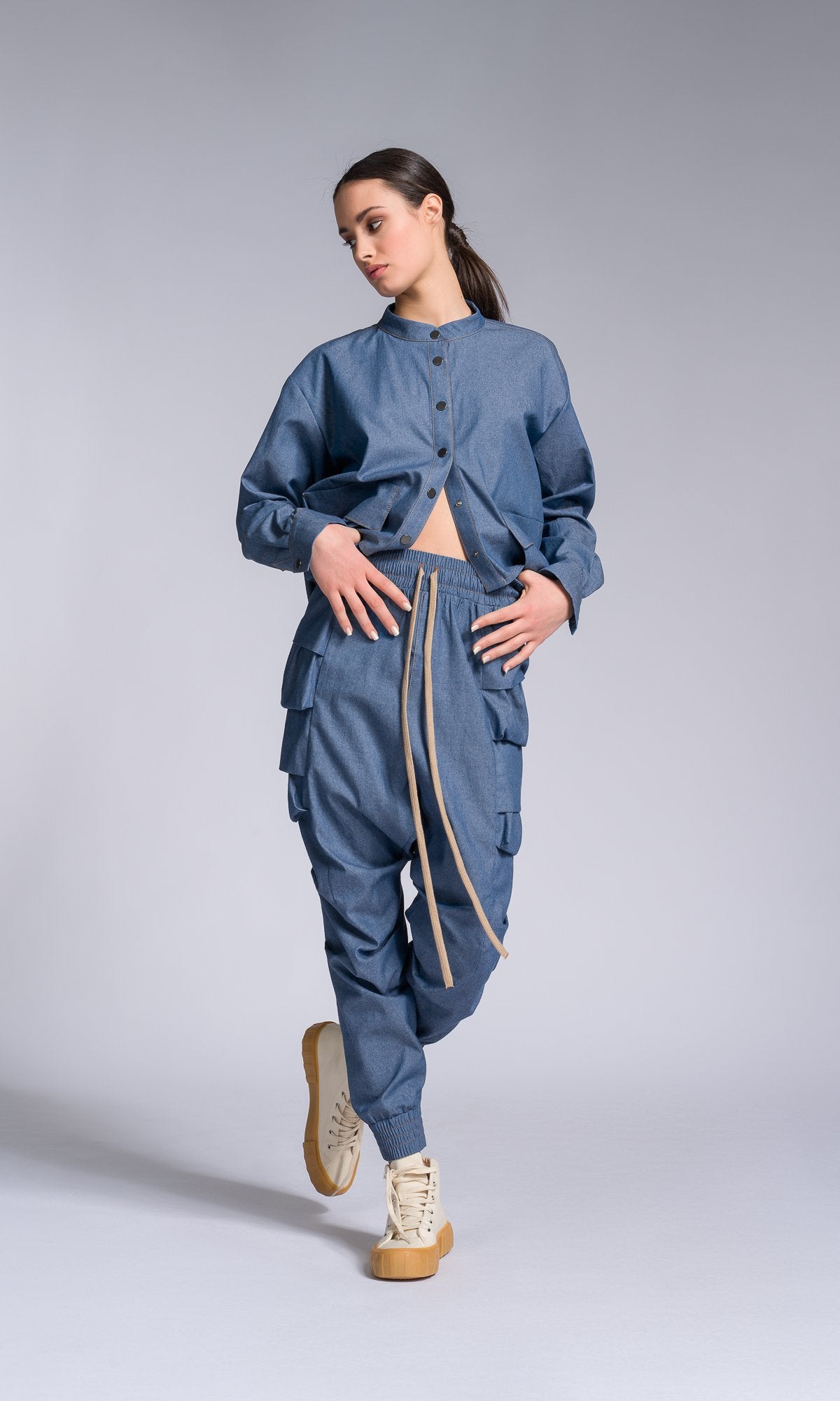 Two-piece Set of Chambray Pants and Shirt with Layered Cargo Pockets - AAKASHA