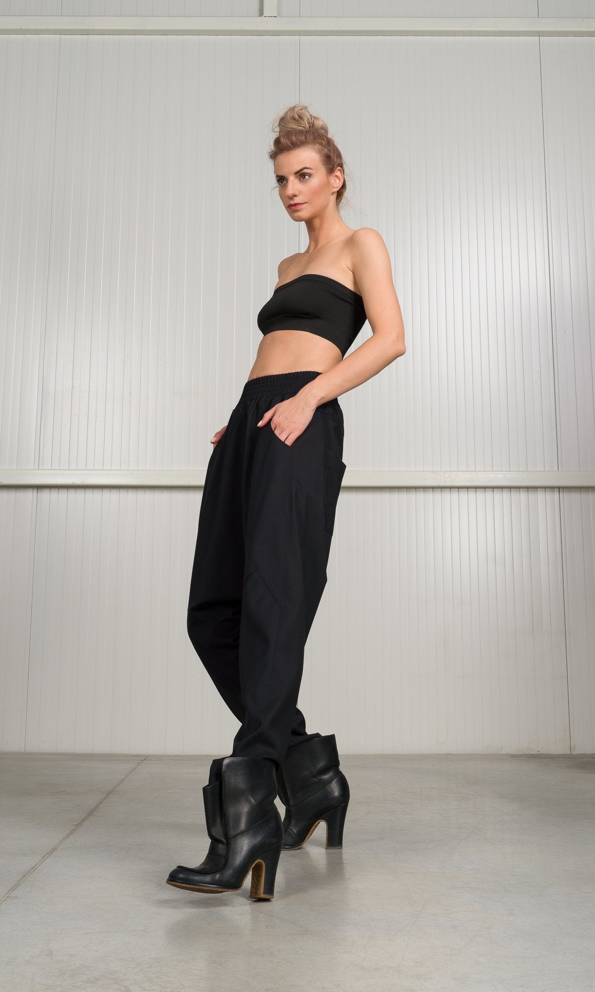 Drop Crotch Wool Pants with Seam Details - AAKASHA