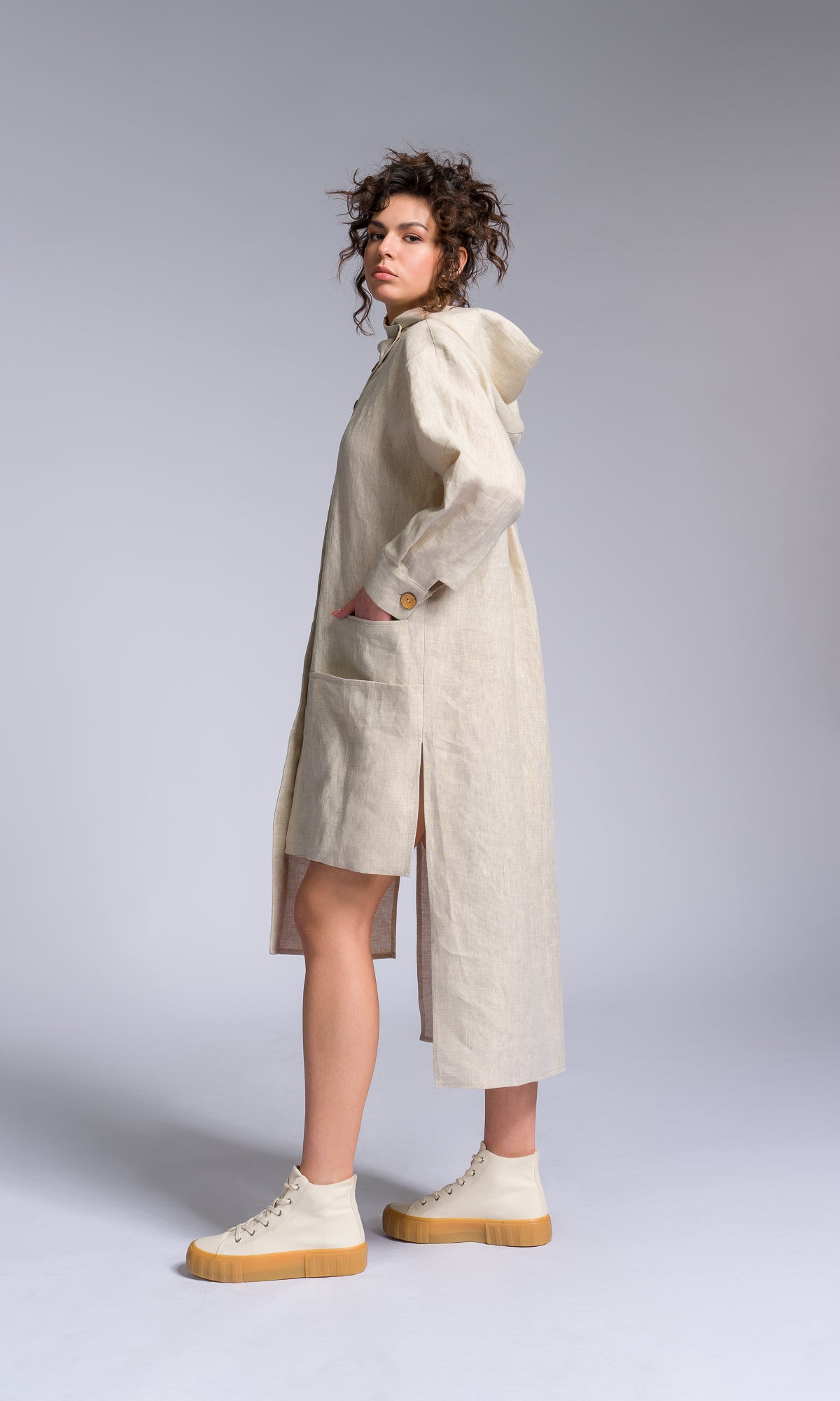 Hooded Shirt Dress with Asymmetric Hem - AAKASHA