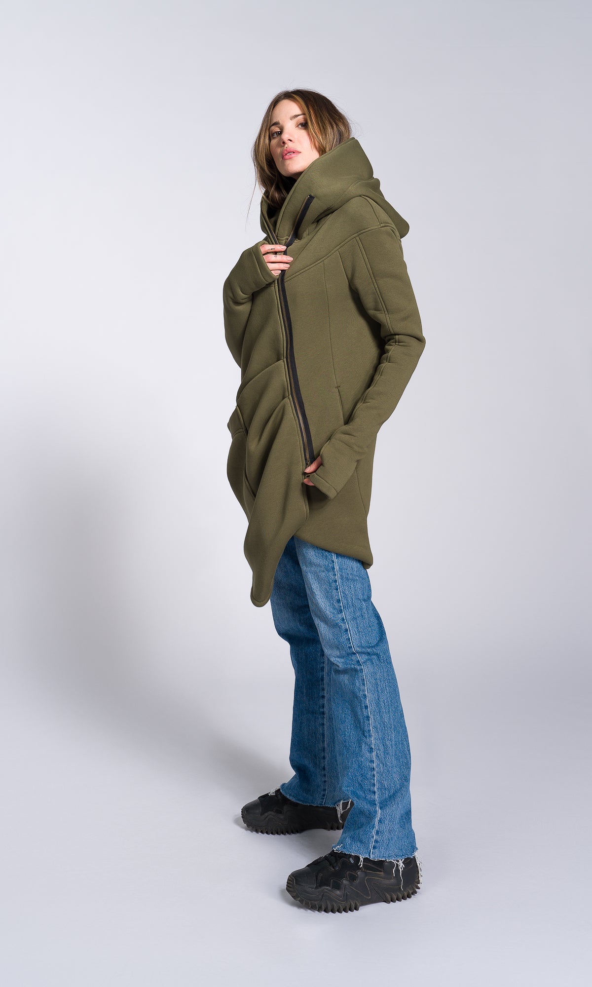 Cotton Fleece Hoodie with Asymmetric Closure - AAKASHA