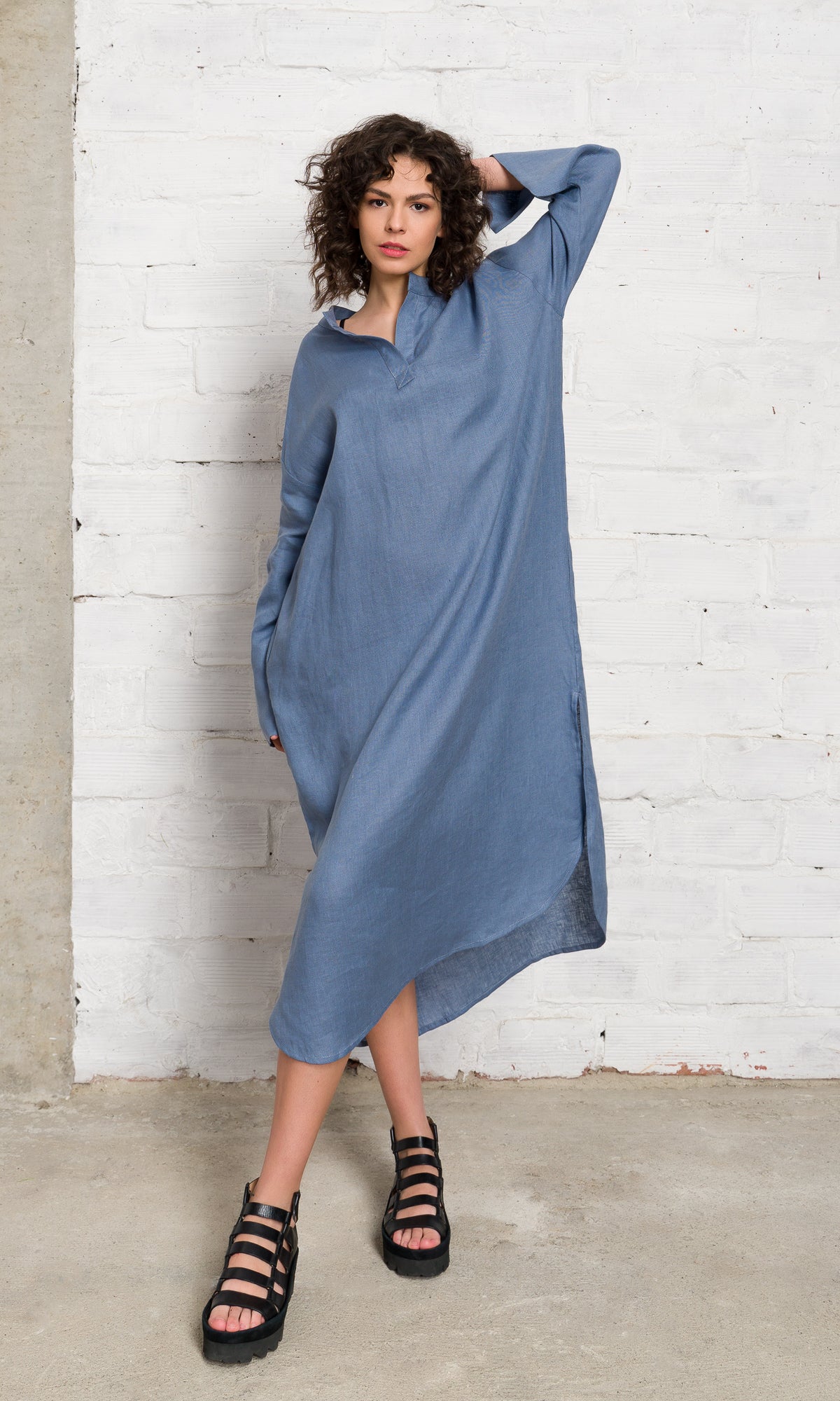 Relaxed Fit Linen Shirt Dress - AAKASHA