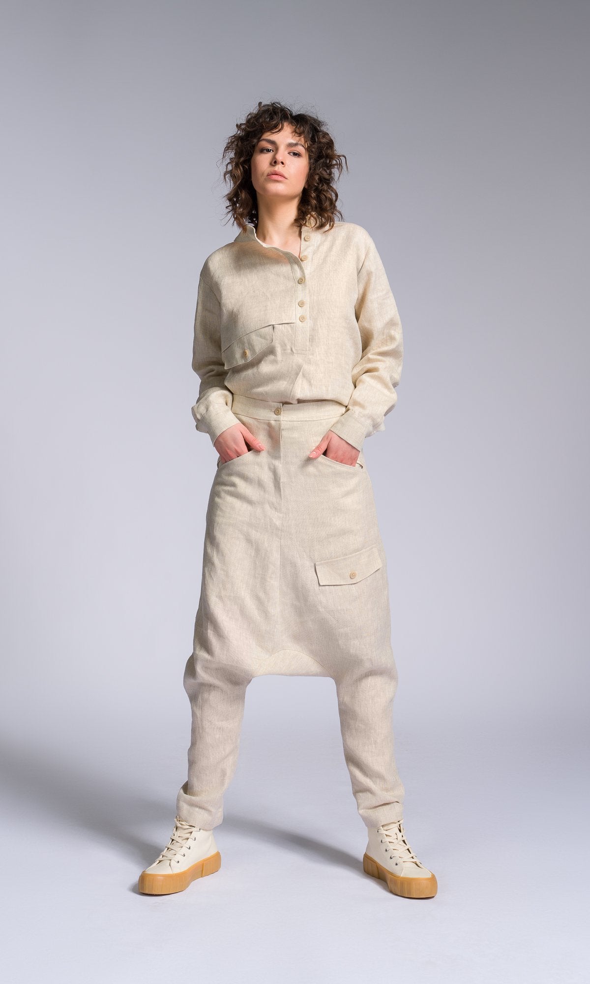 Linen Drop Crotch Pants with Decorative Flap Pocket