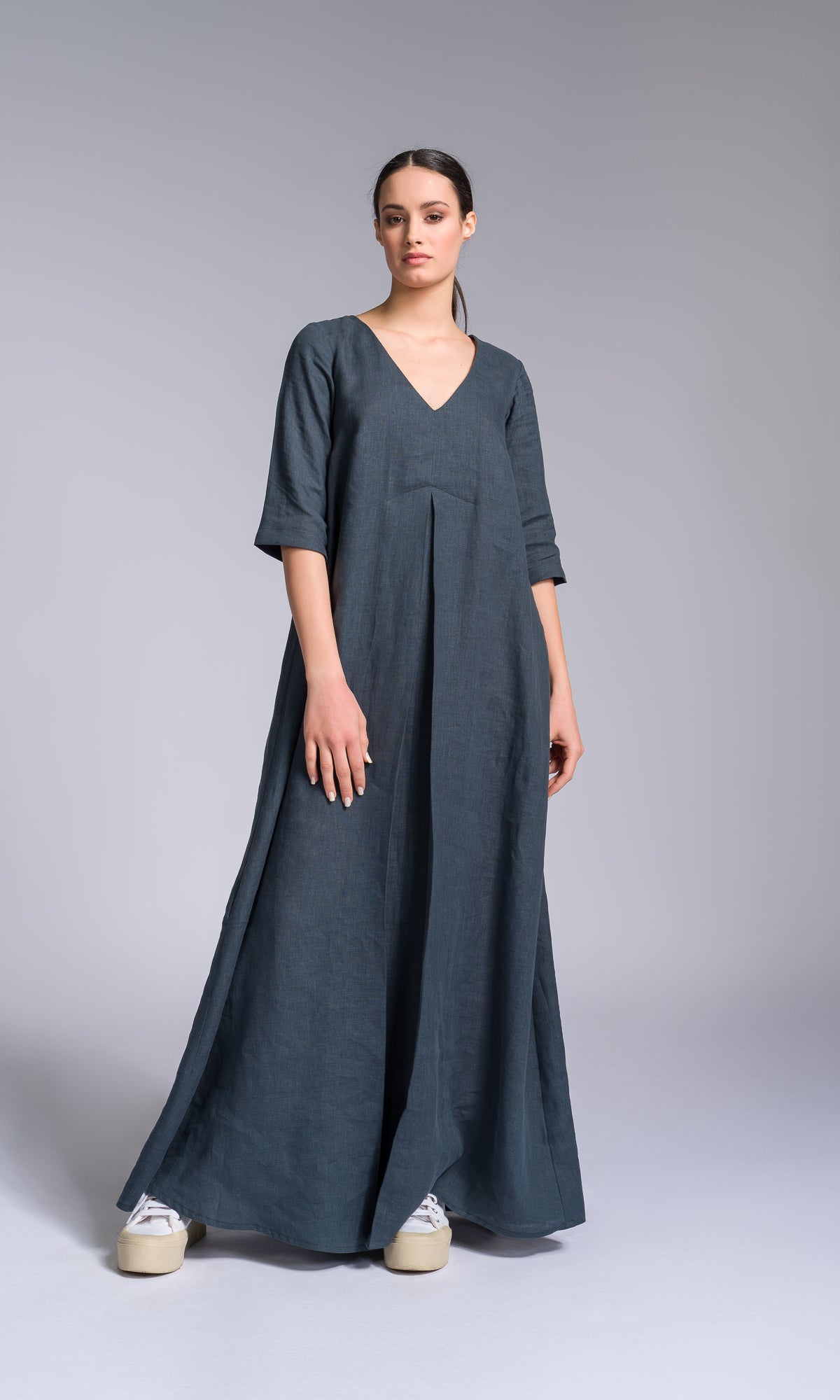 Maxi Linen Dress with Inverted Pleat - AAKASHA