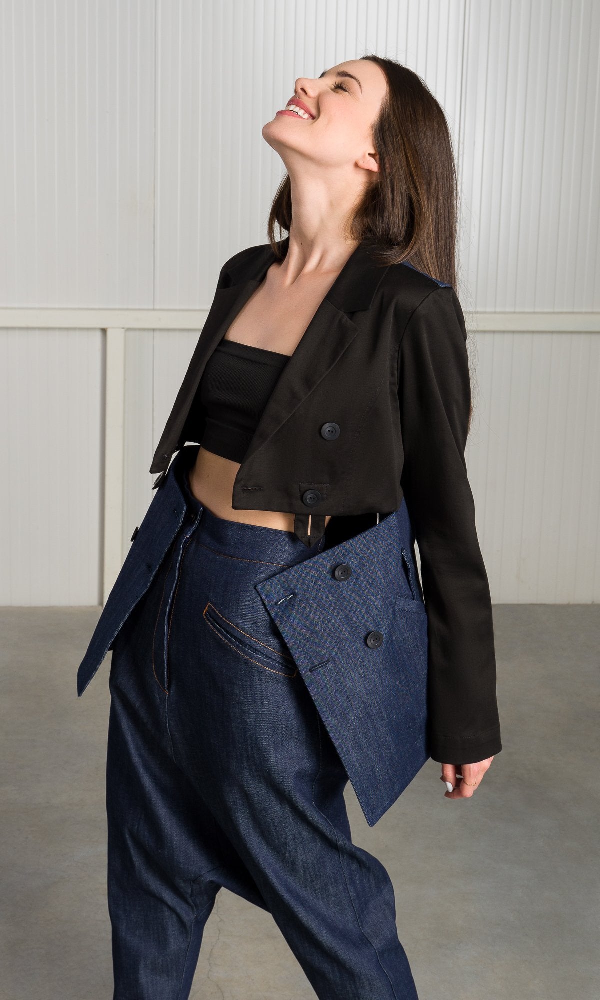 Two-piece Set of Double Breasted Blazer and Drop Crotch Denim Pants