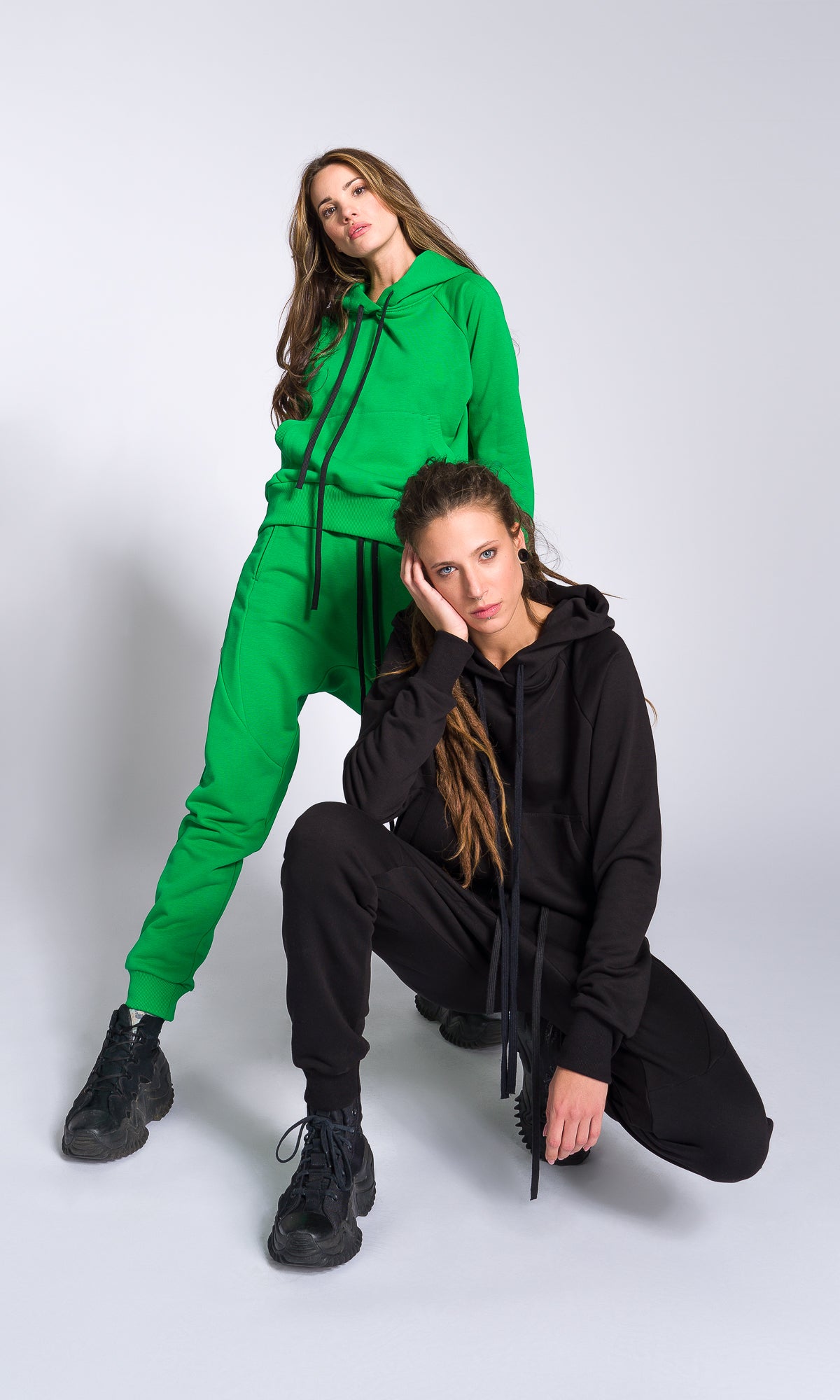 Two-piece Set of Drop Crotch Jogger Pants and Hooded Sweatshirt