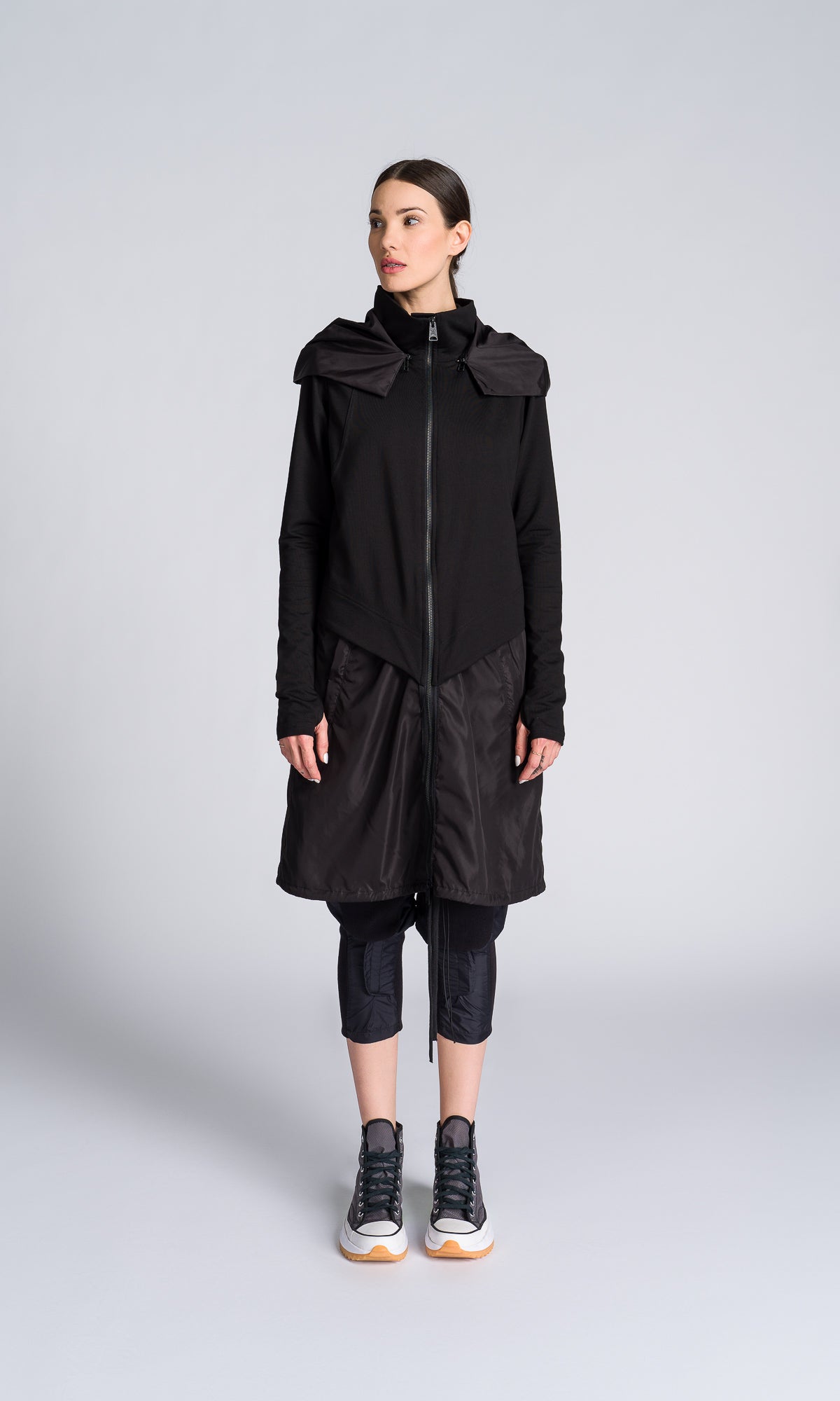 Long Hooded Jacket with Backpack Straps - AAKASHA