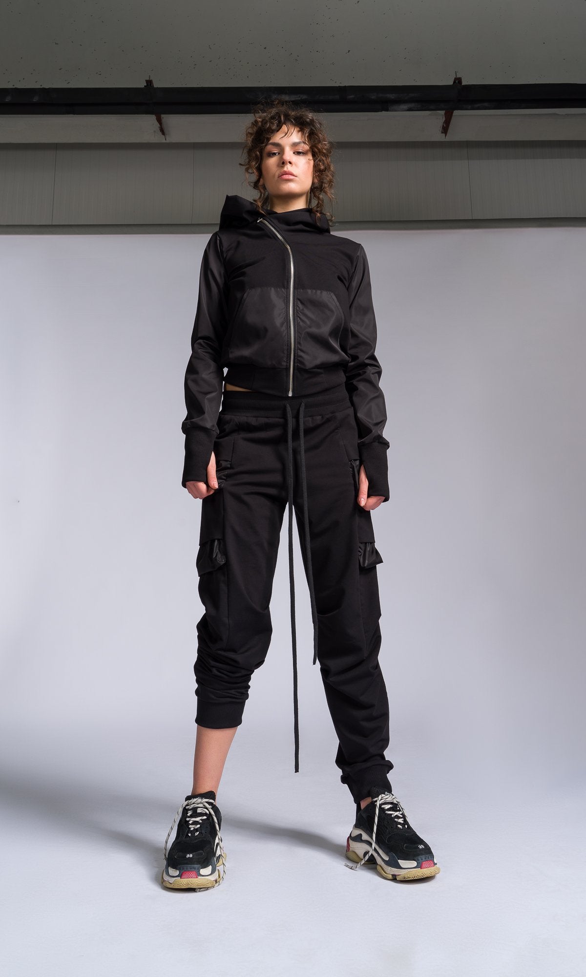 Two-piece Set of Jogger Pants and Hoodie with Asymmetric Closure - AAKASHA