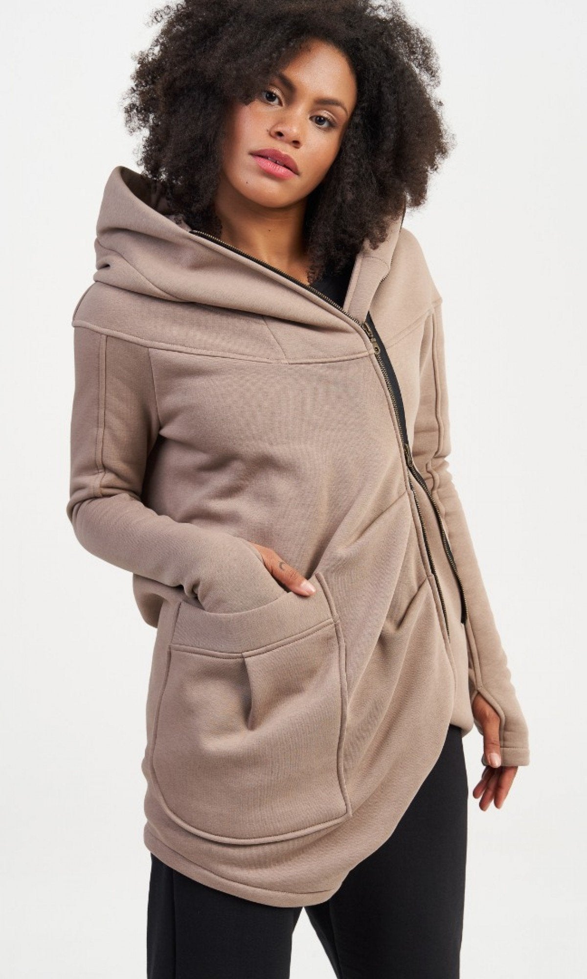 Cotton Fleece Hoodie with Asymmetric Closure - AAKASHA