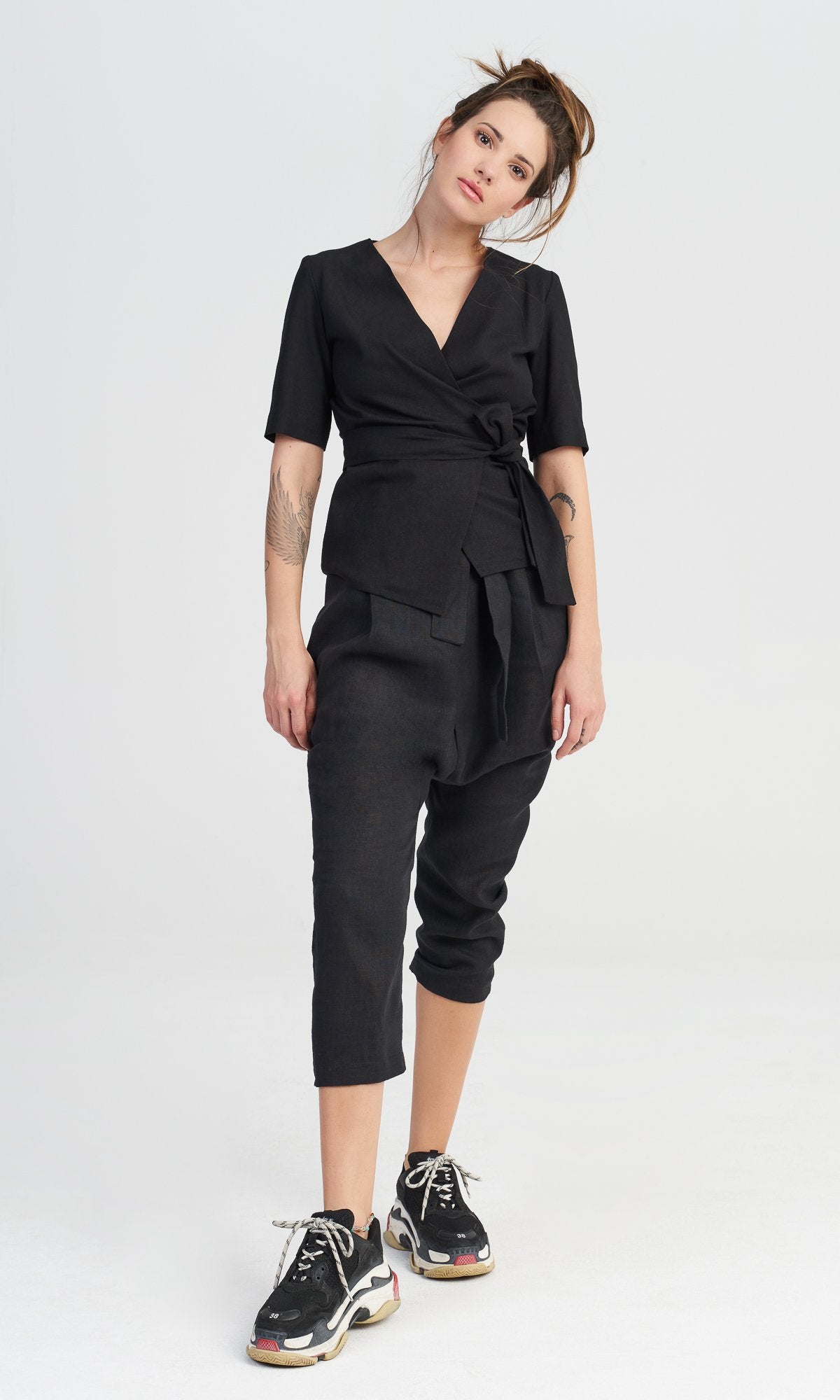 Linen Drop Crotch Pants with Belt - AAKASHA