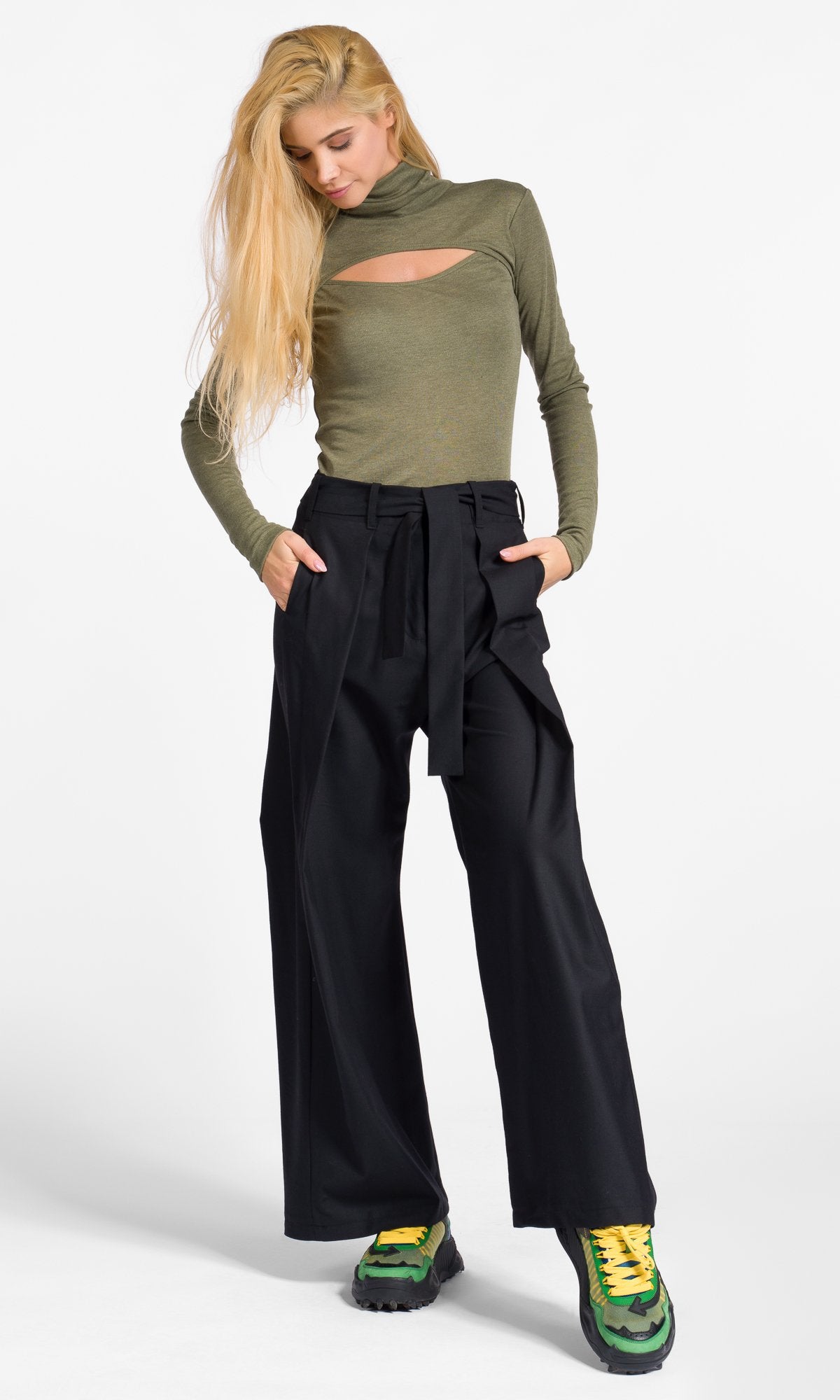 Wide Leg Pants With Ribbon Belt - AAKASHA