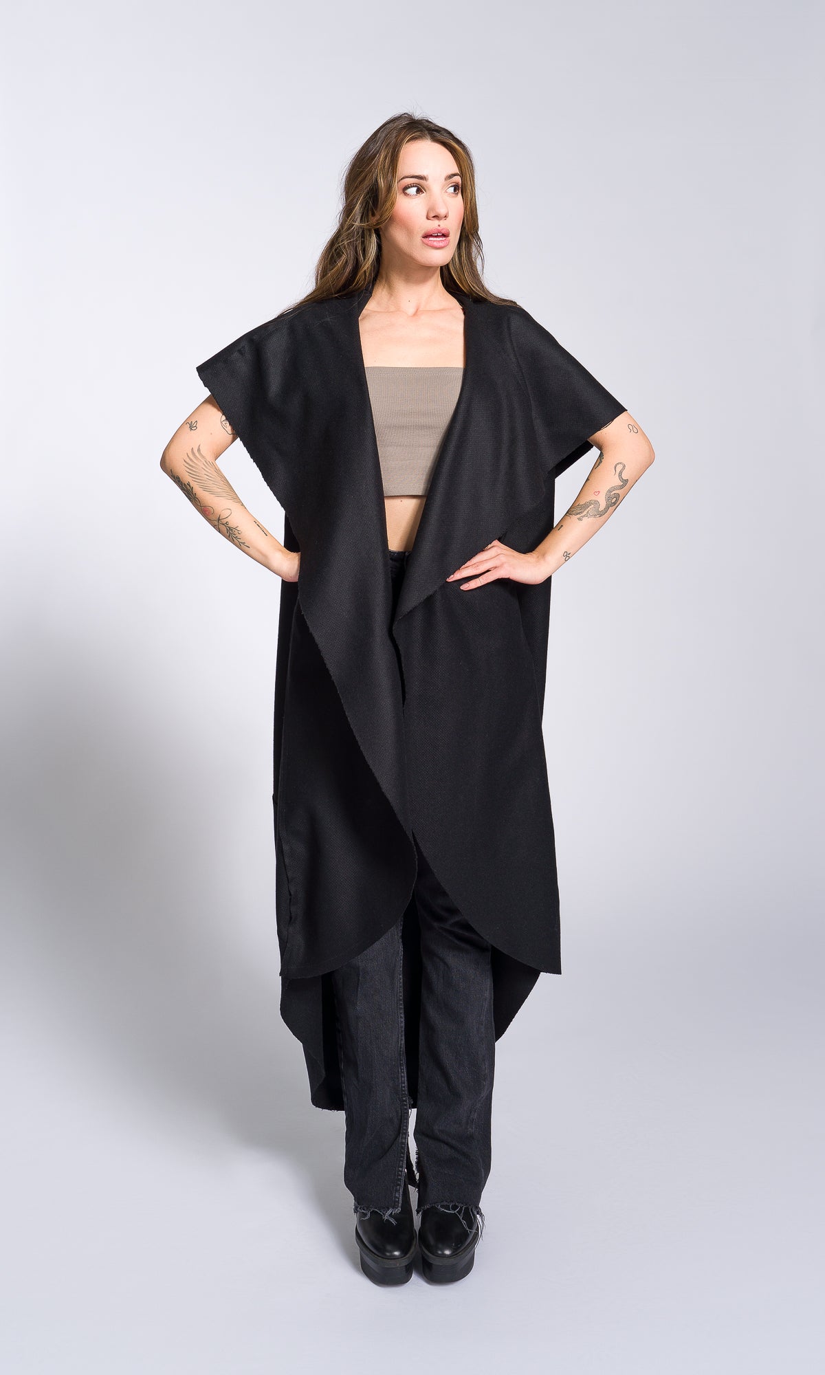 Sleeveless Cape Coat with Large Hood - AAKASHA