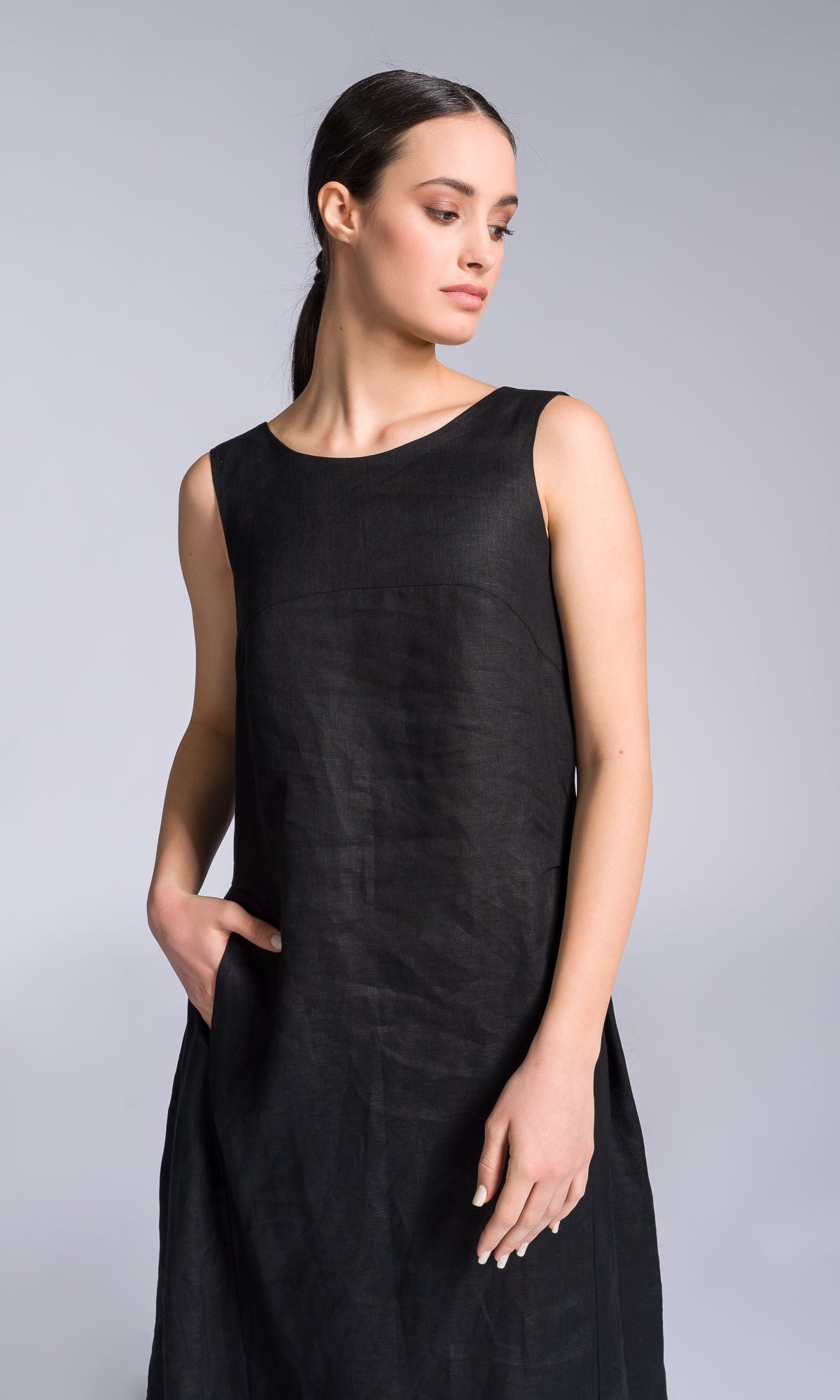 Linen A-line Dress with Back Drape - AAKASHA