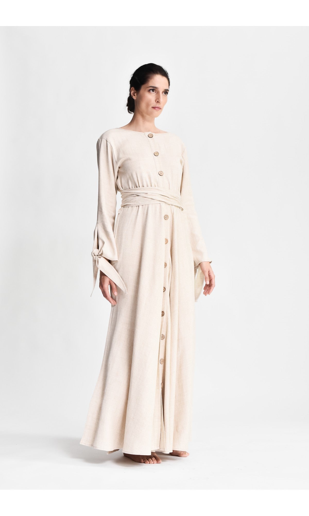 Long Linen Shirt Dress with Belt - AAKASHA