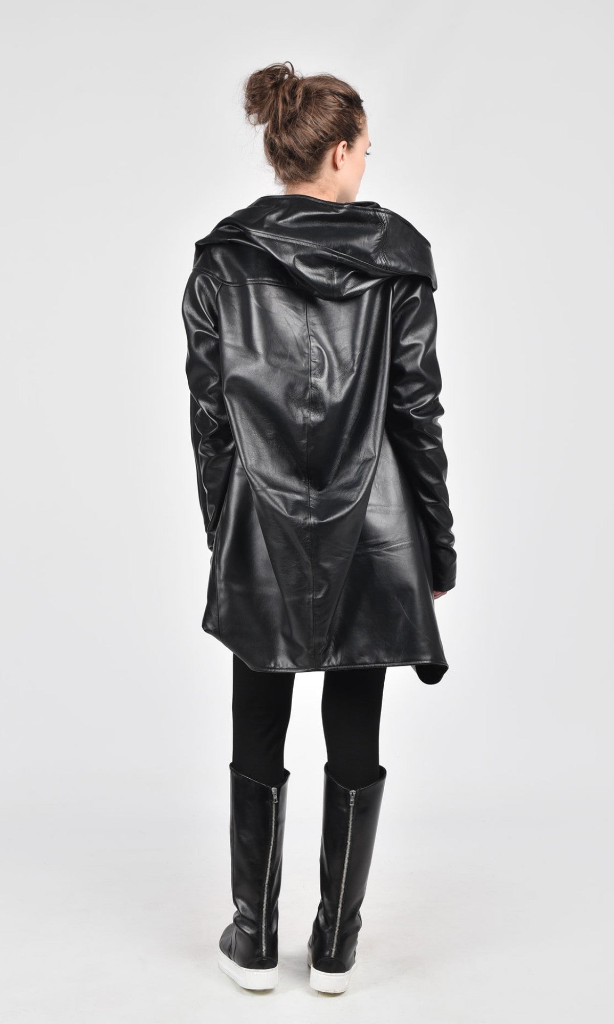 Asymmetric Genuine Leather Hooded Coat