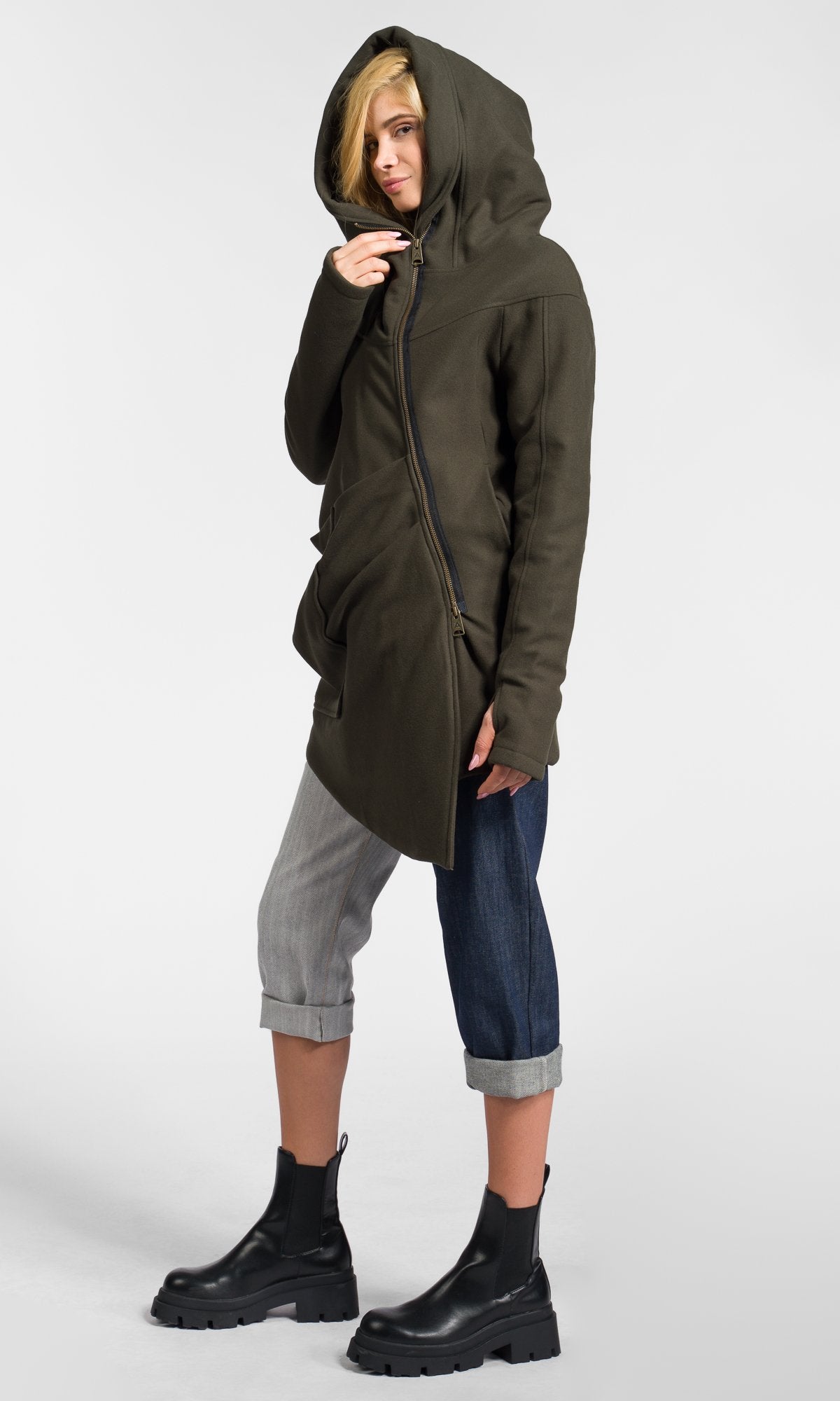 Asymmetric Extravagant Cashmere Hooded Coat  A07198