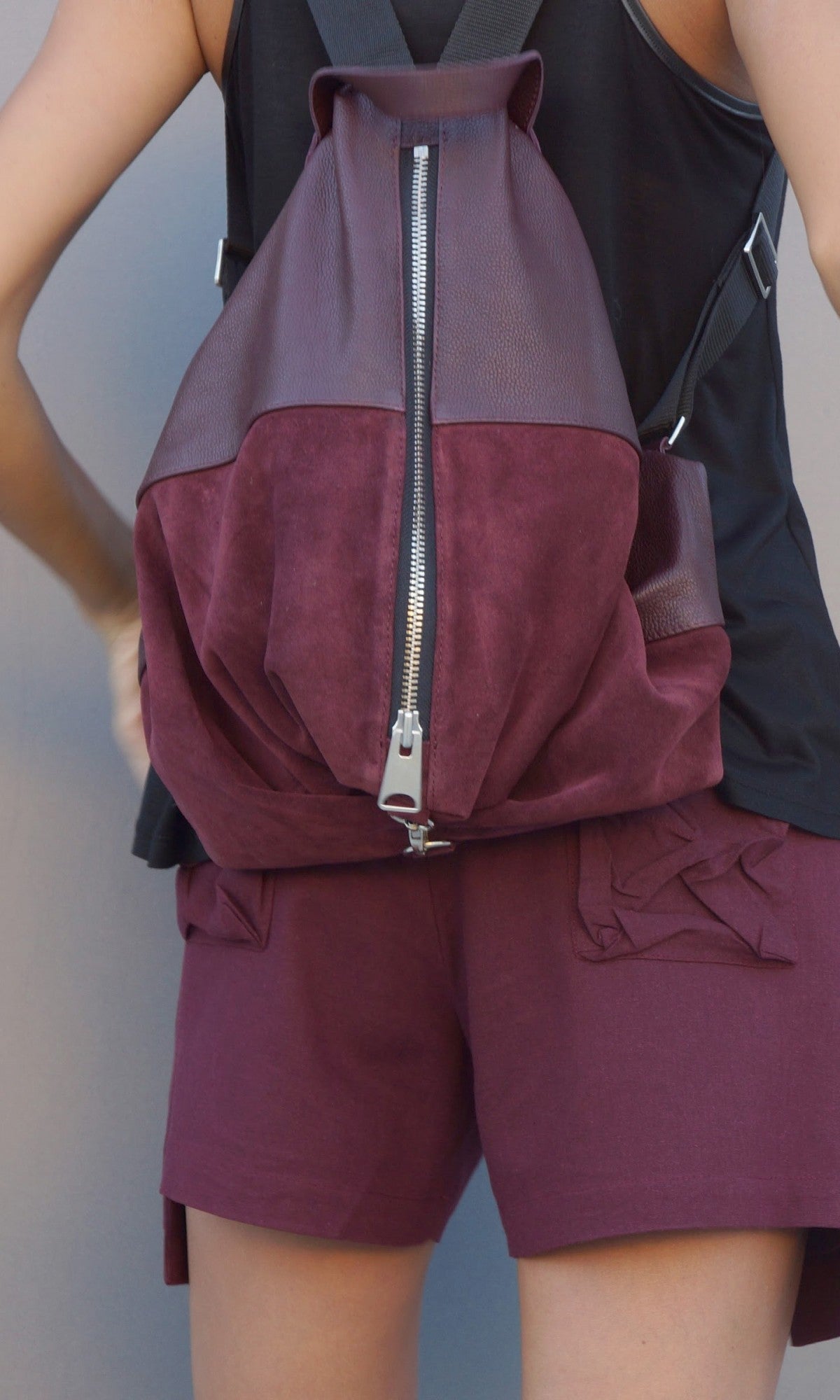 Leather and Suede Folding Backpack