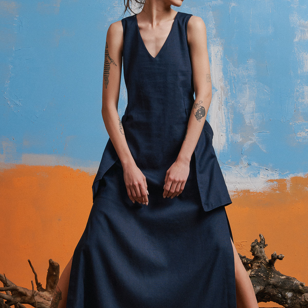 Sleeveless Linen Dress with Large Pockets