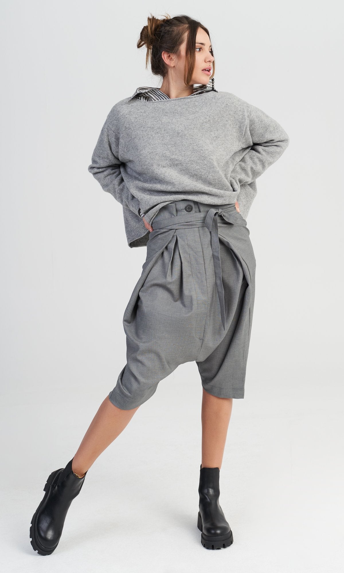 Waist Wrap Bermuda Pants with Drop Crotch - AAKASHA