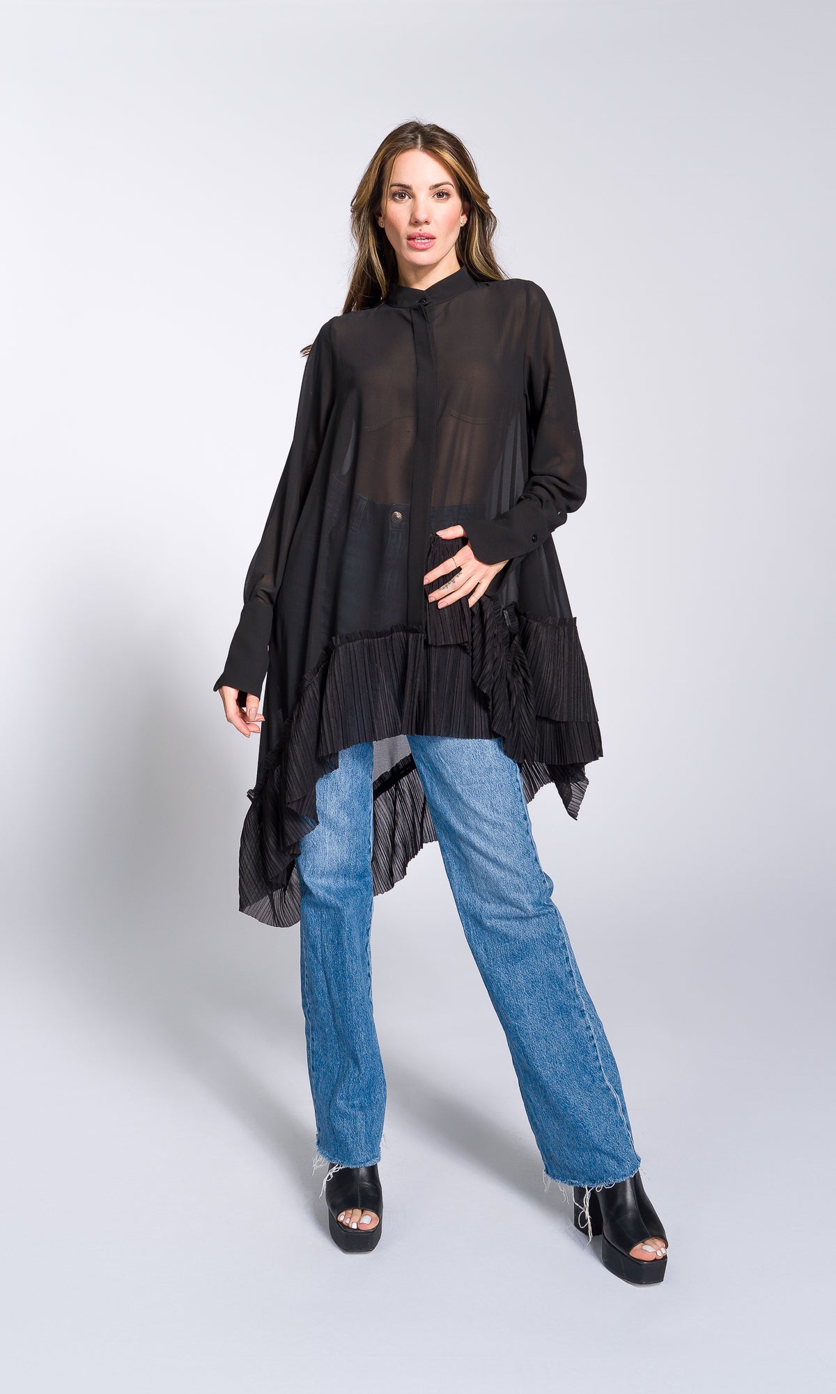 Pleated Hem Asymmetric Chiffon Shirt - AAKASHA