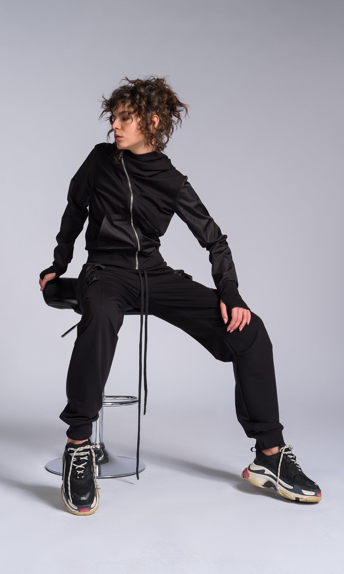 Two-piece Set of Jogger Pants and Hoodie with Asymmetric Closure - AAKASHA