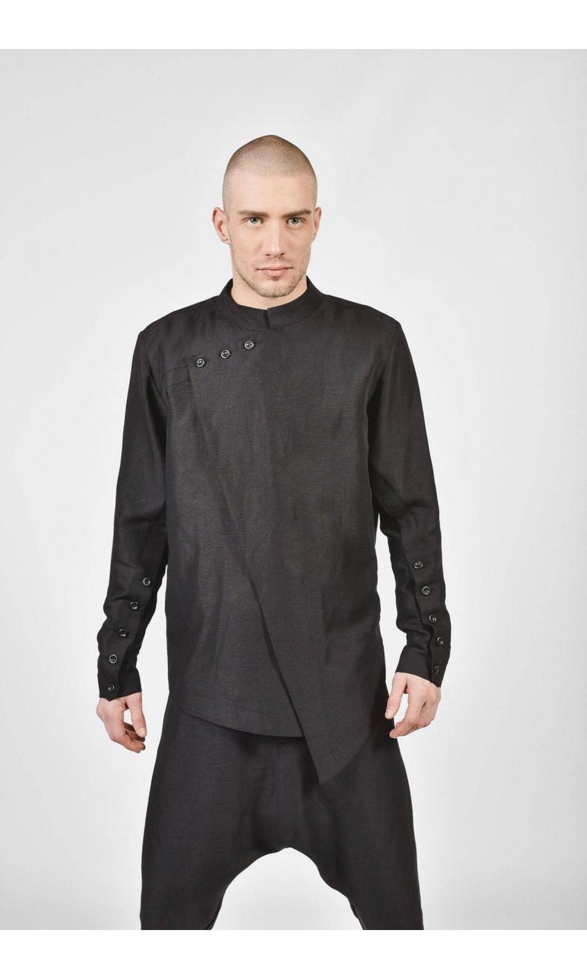 Black Loose High Colar Linen Shirt