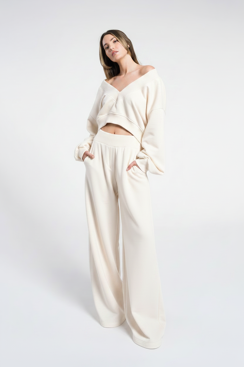 Set aus kurzem Oberteil mit V-Ausschnitt und weit geschnittener Hose, lässiges Baumwoll-Set