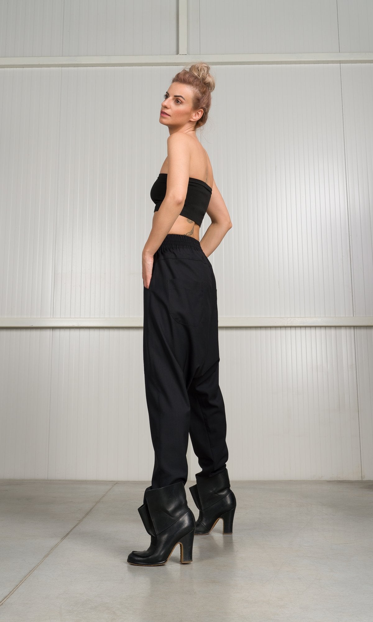 Drop Crotch Wool Pants with Seam Details - AAKASHA