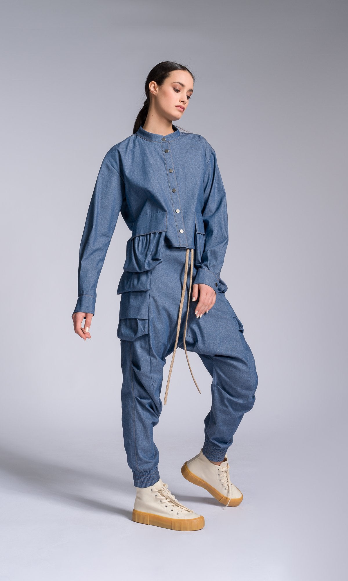 Two-piece Set of Chambray Pants and Shirt with Layered Cargo Pockets