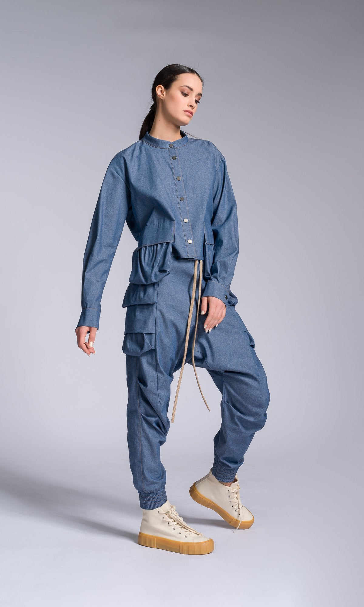 Two-piece Set of Chambray Pants and Shirt with Layered Cargo Pockets - AAKASHA