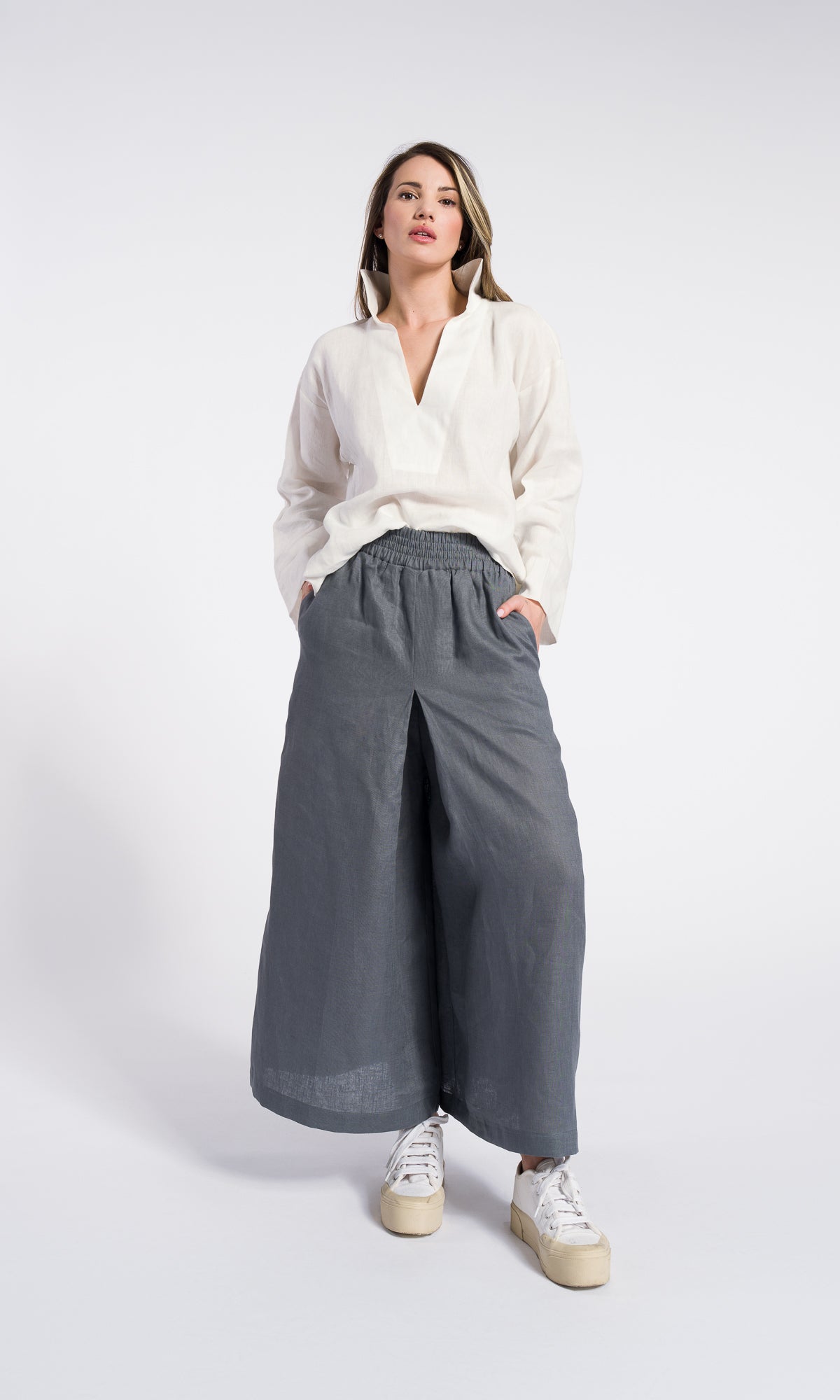 Inverted Pleat Linen Skirt Pants