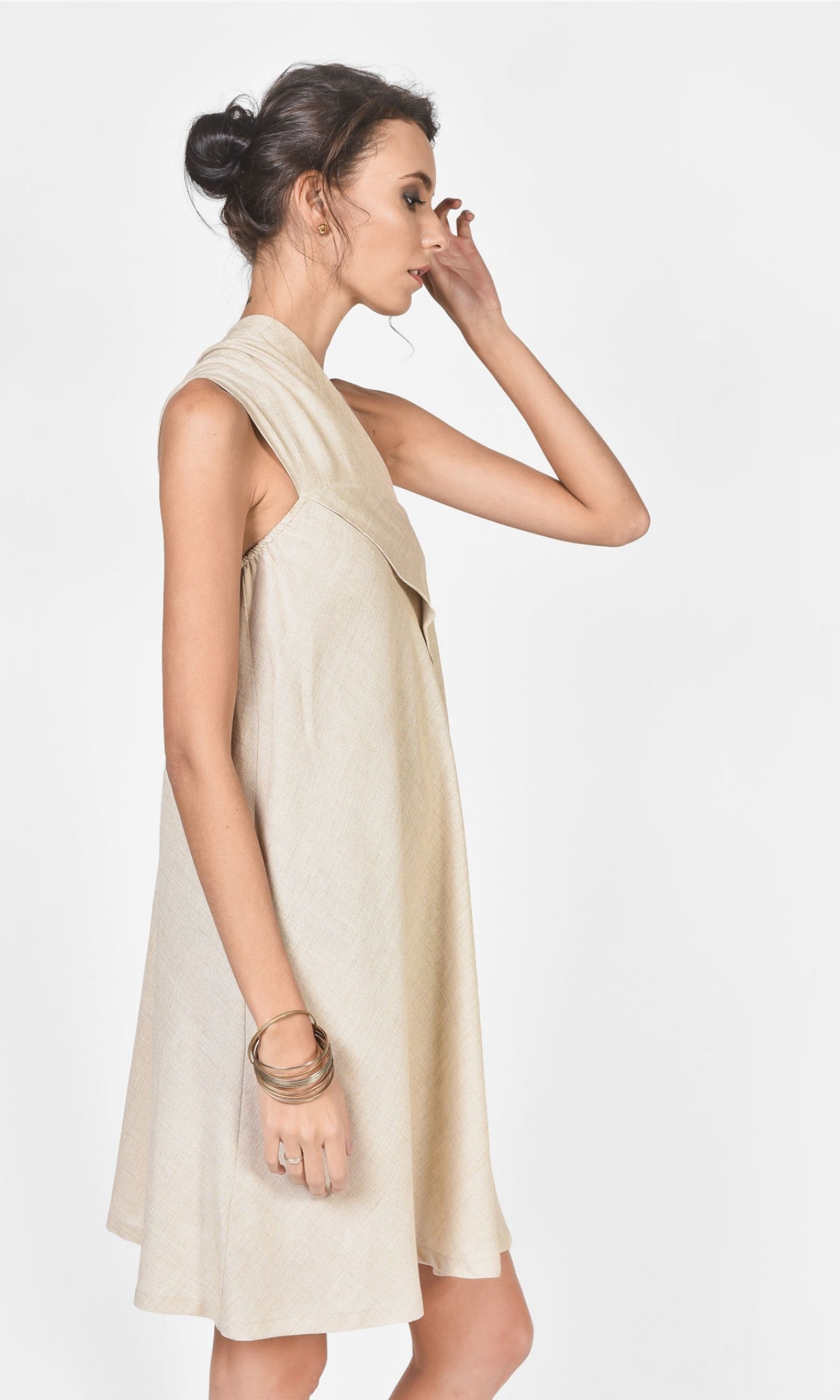 One Shoulder Mini Linen Dress - AAKASHA