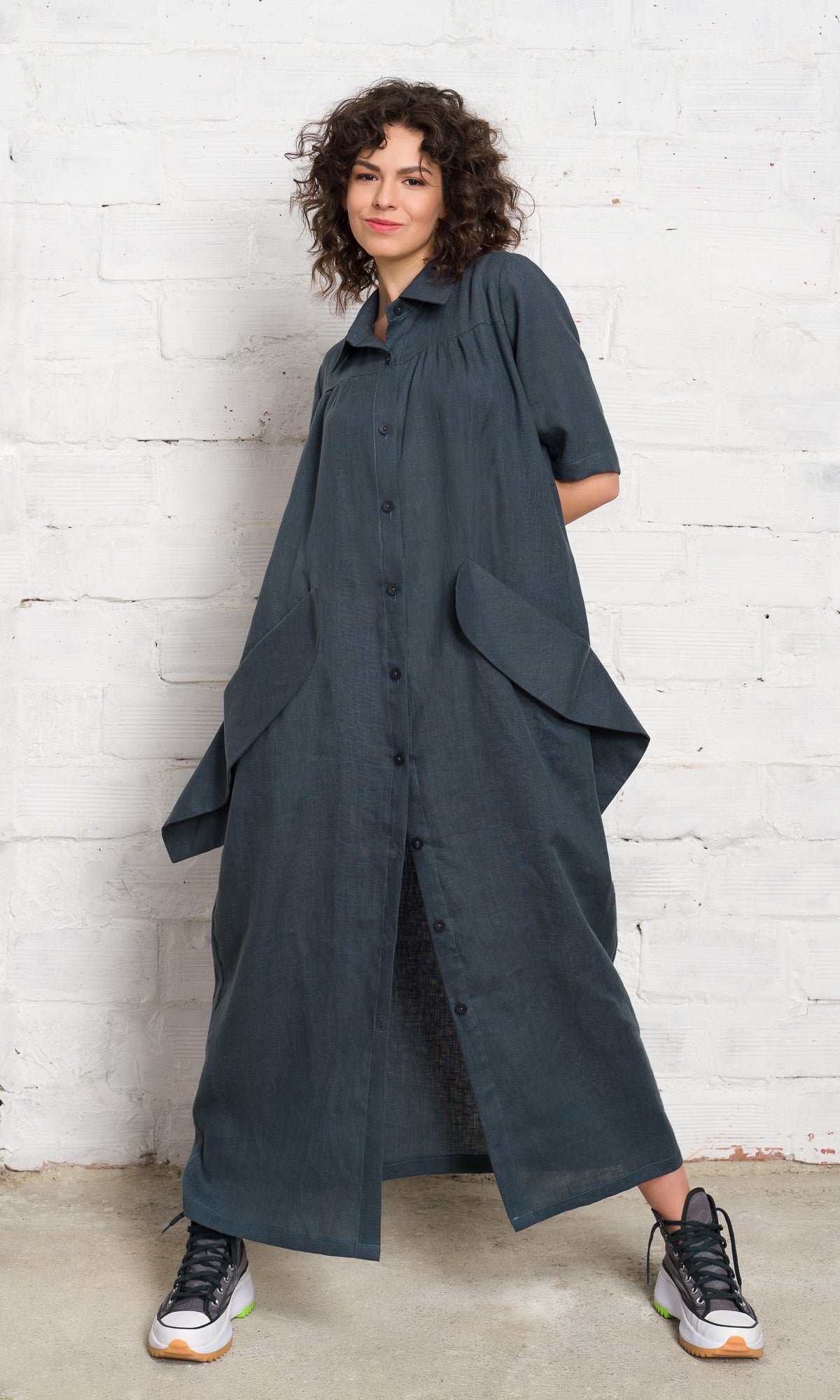 Linen Shirt Dress with Flap Pockets - AAKASHA