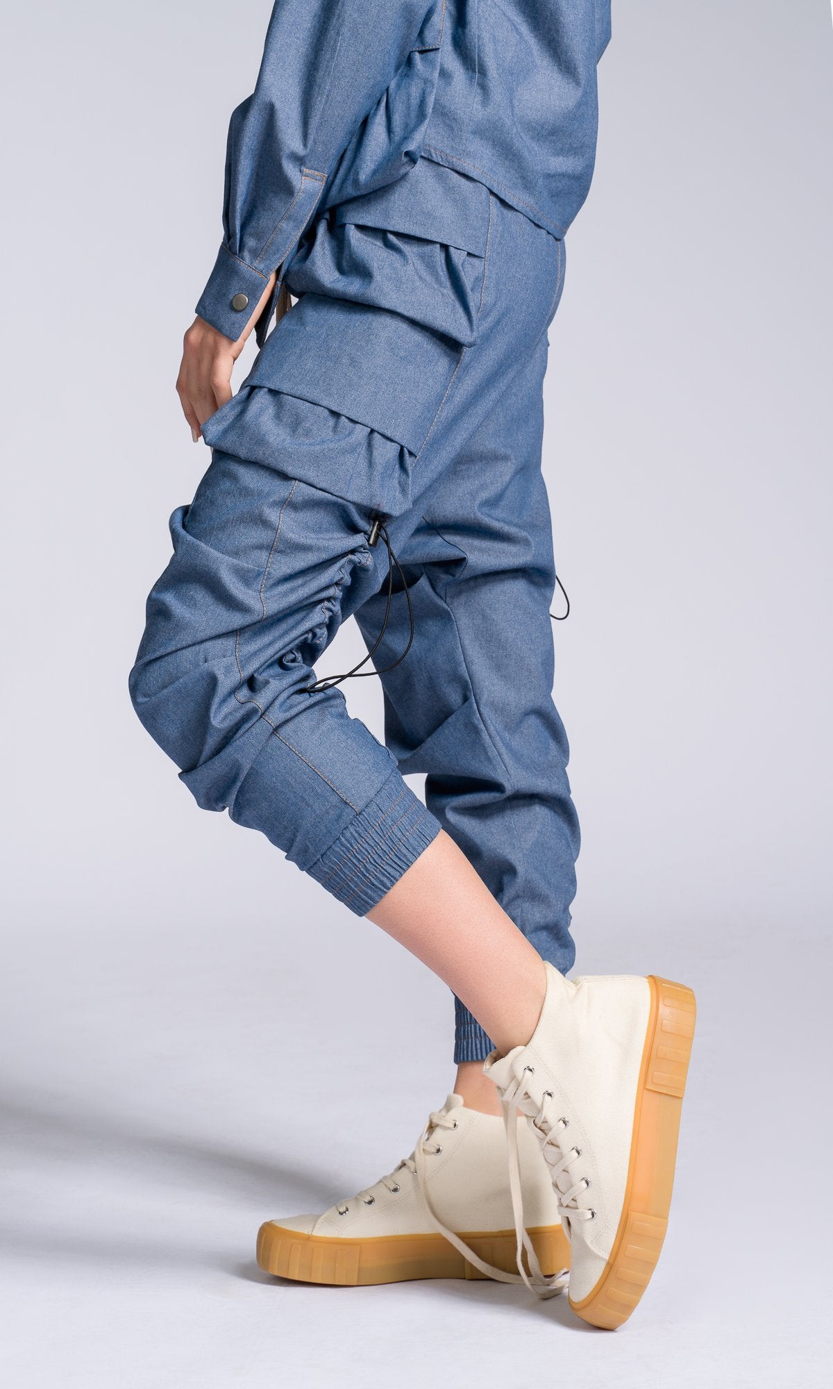 Chambray Pants with Layered Pockets - AAKASHA