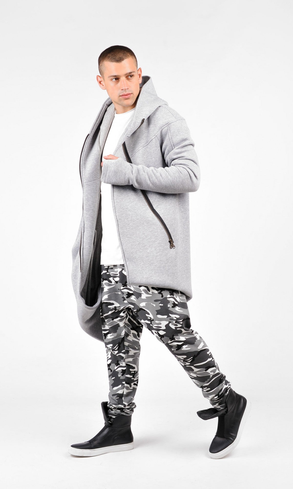 Cotton Fleece Hoodie with Asymmetric Closure