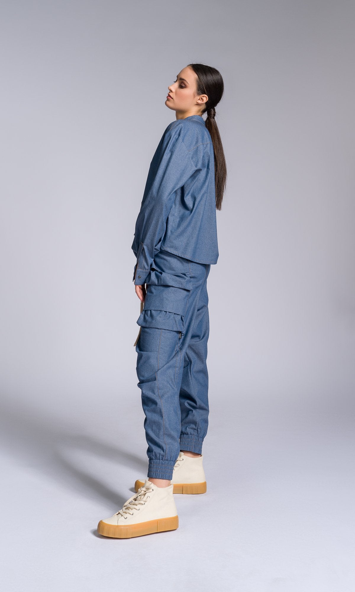 Two-piece Set of Chambray Pants and Shirt with Layered Cargo Pockets - AAKASHA