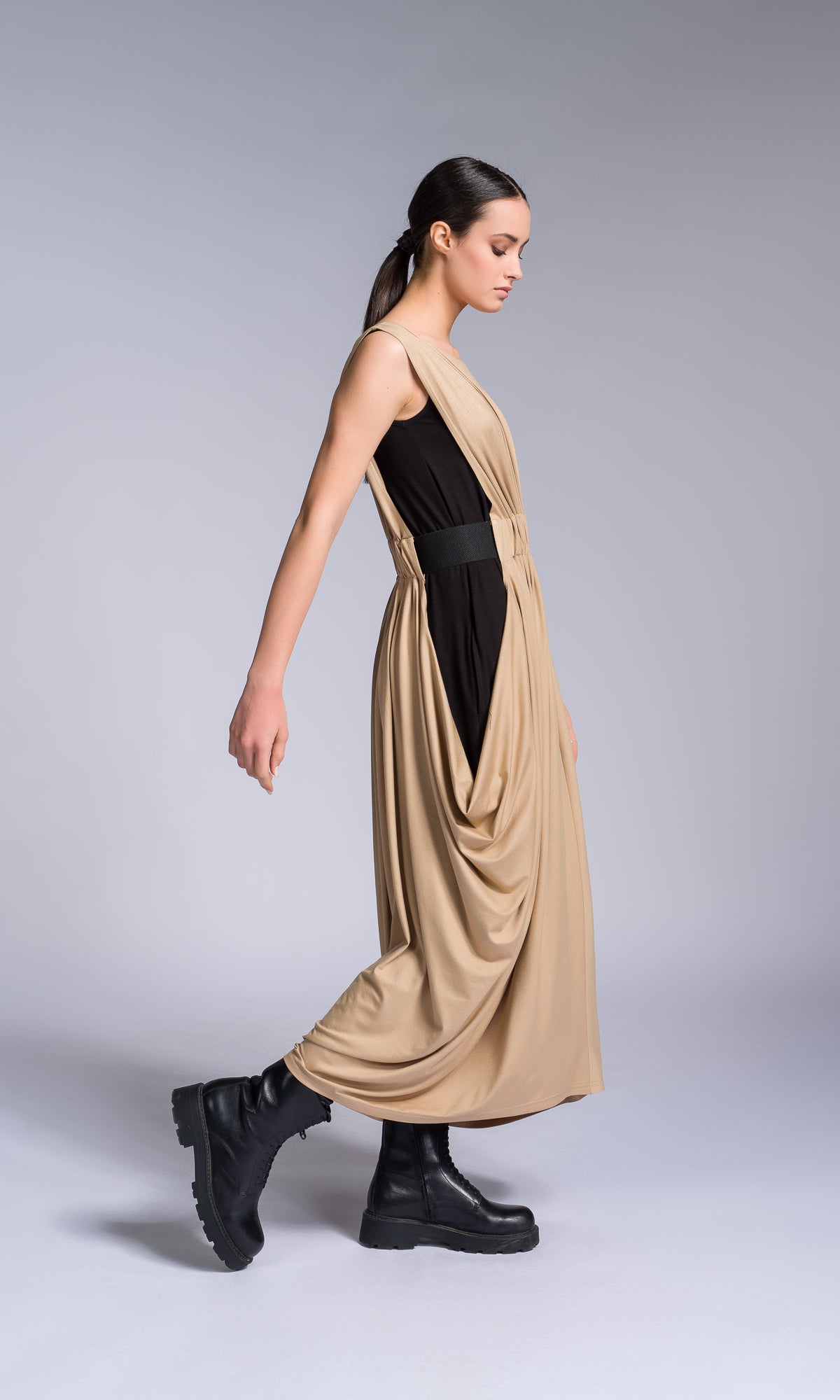 Bicolour Midi Dress with Gathered Waist - AAKASHA