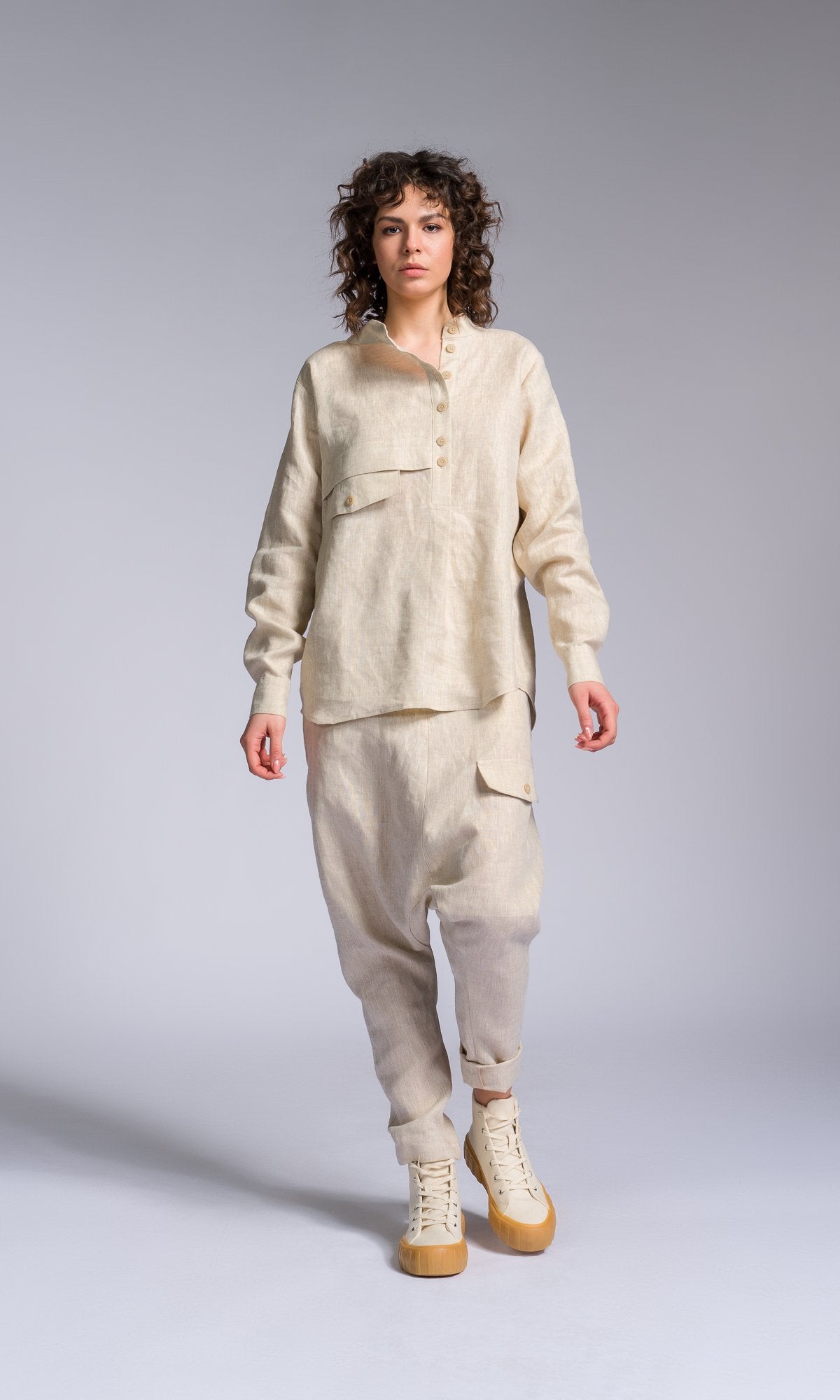 Linen Shirt with Decorative Flap Pocket - AAKASHA