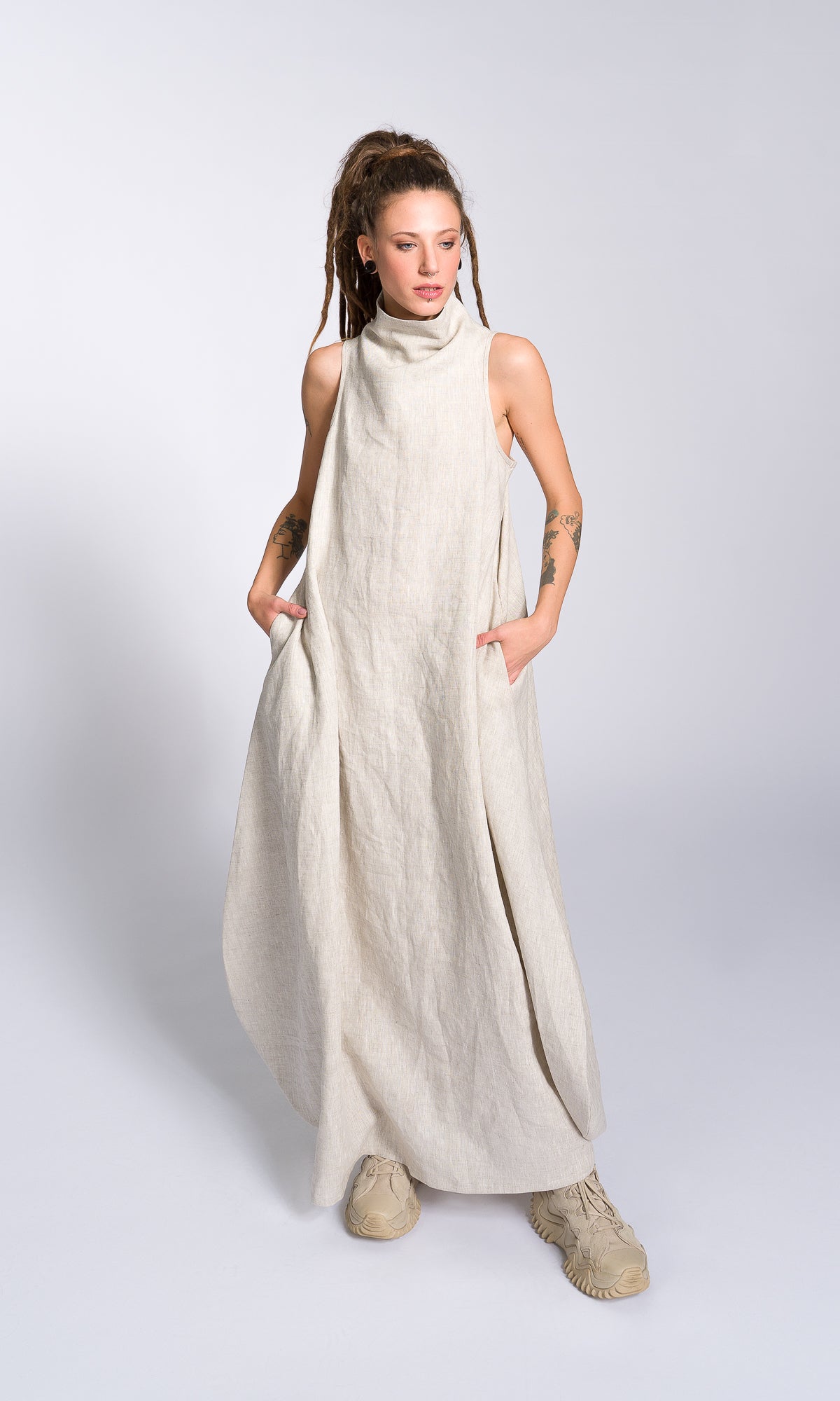 Linen High Neck Cocoon Dress