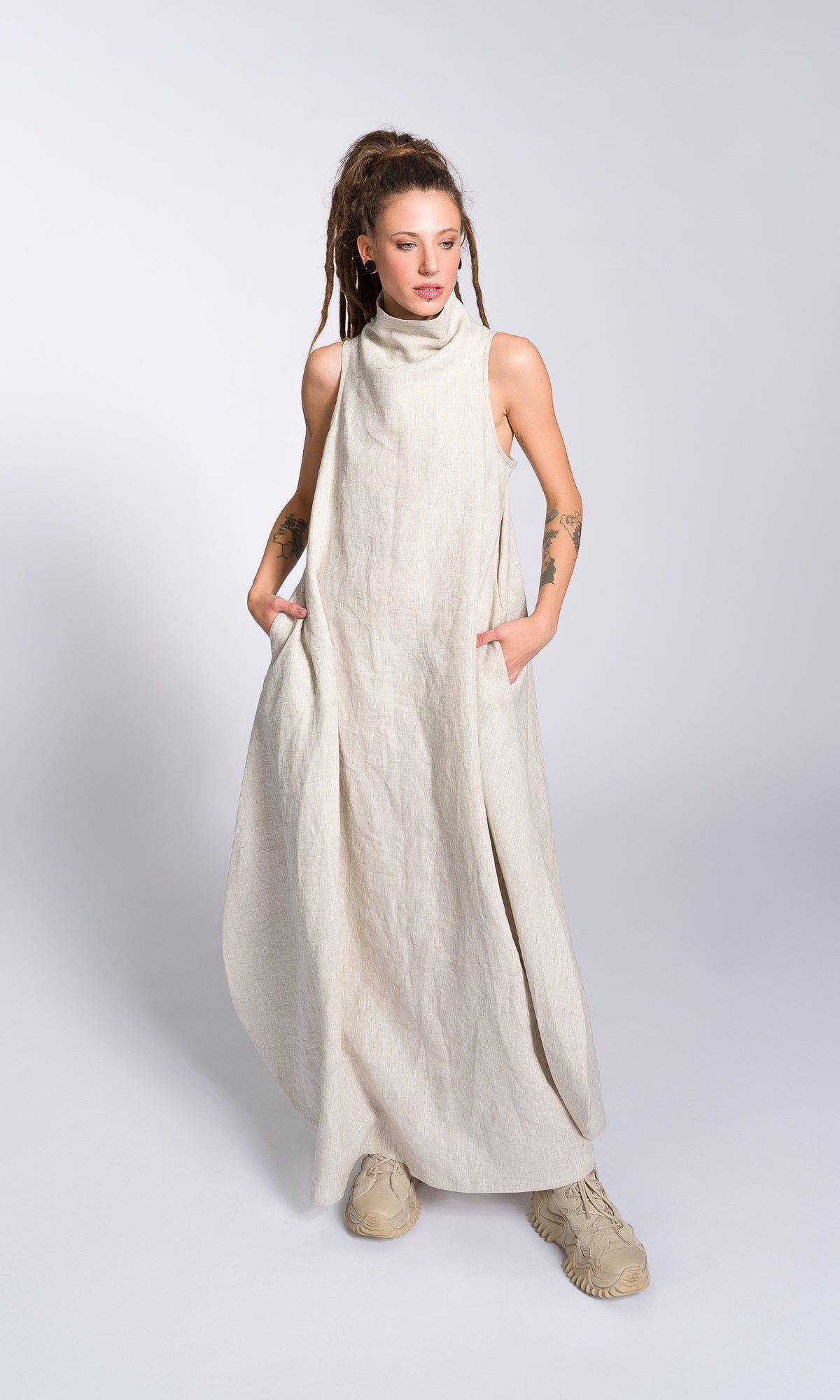 Linen High Neck Cocoon Dress - AAKASHA