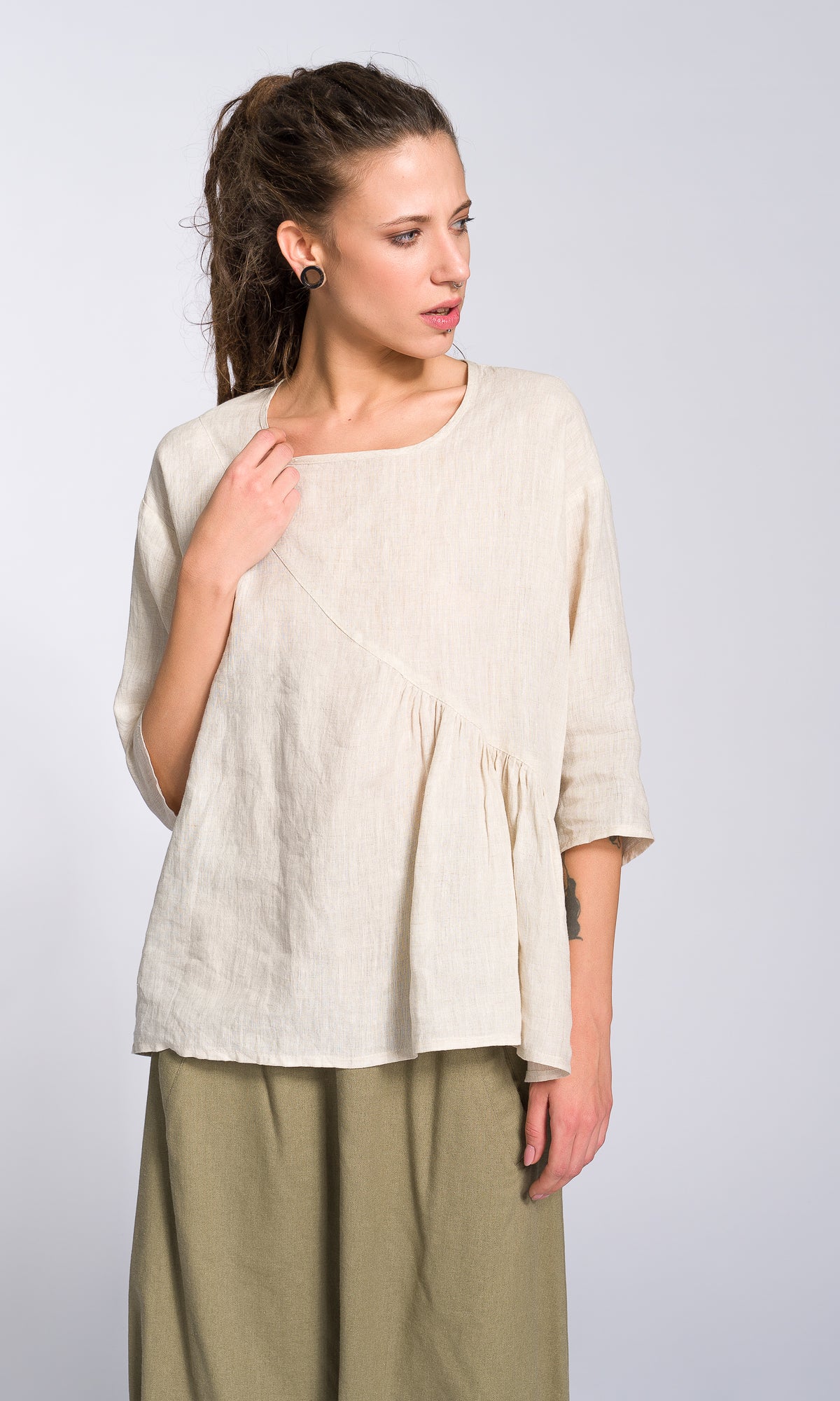 Linen Blouse with Front Gathering - AAKASHA