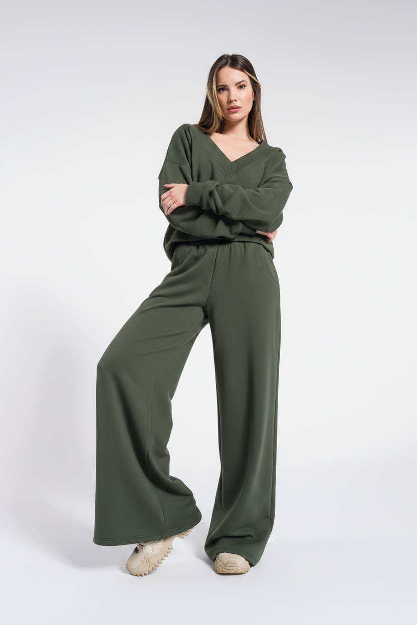 Set aus kurzem Oberteil mit V-Ausschnitt und weit geschnittener Hose, lässiges Baumwoll-Set