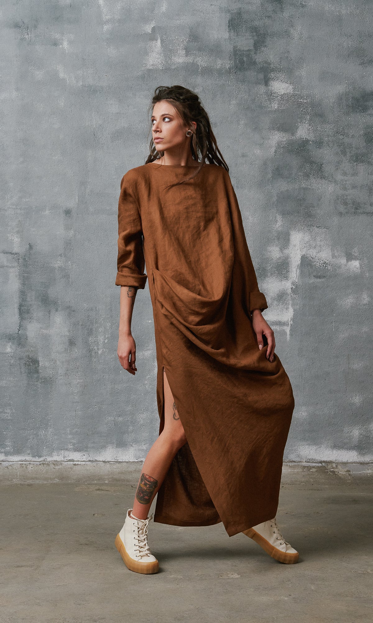 Draped Linen Maxi Dress - AAKASHA