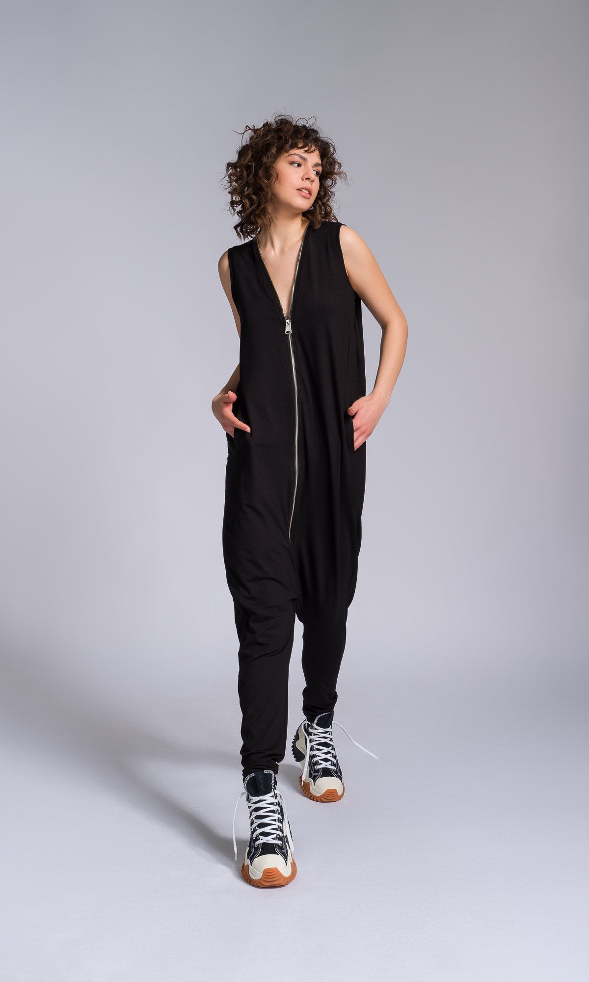 Jersey Zip-up Jumpsuit with Folded Sides - AAKASHA