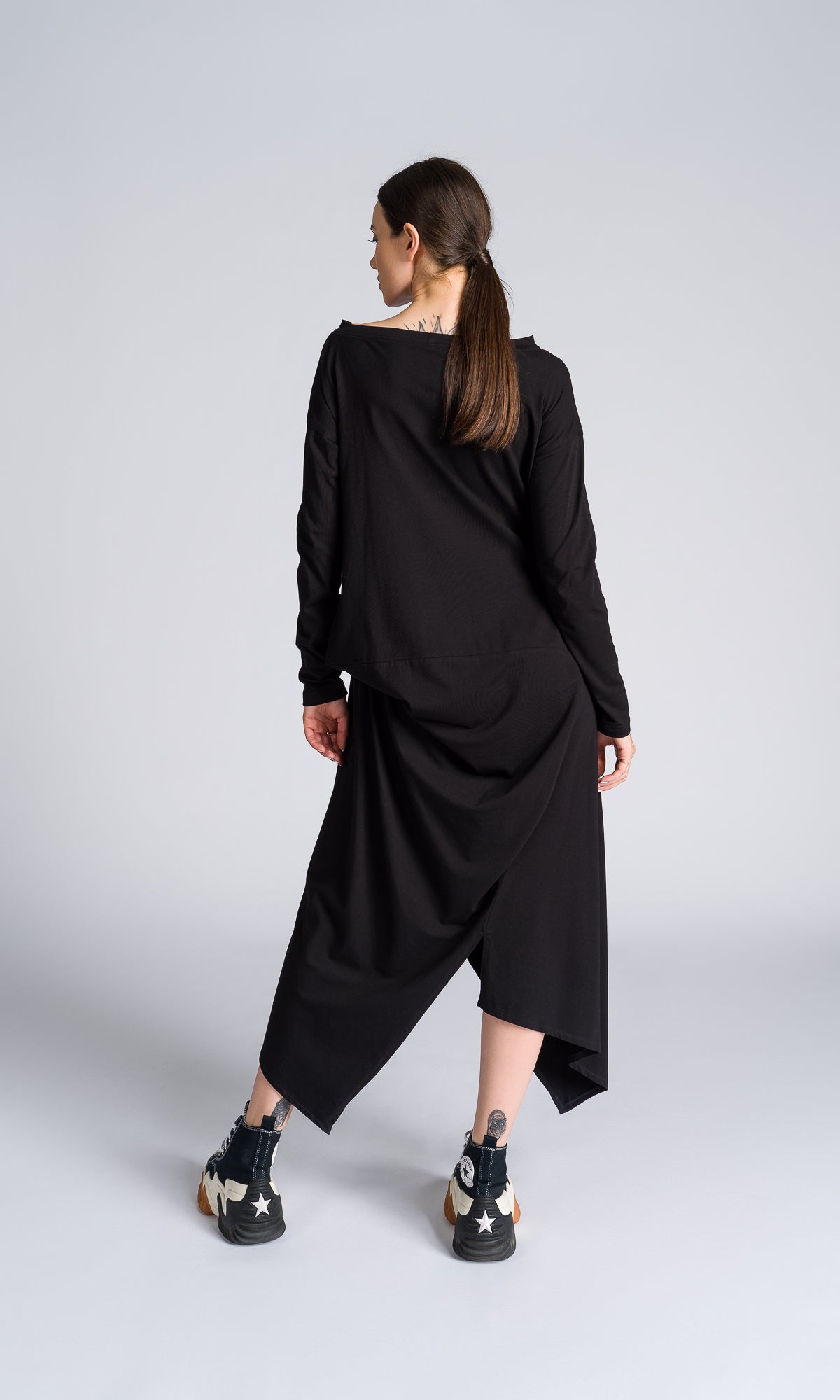 Draped Midi Dress with Asymmetric Hem - AAKASHA