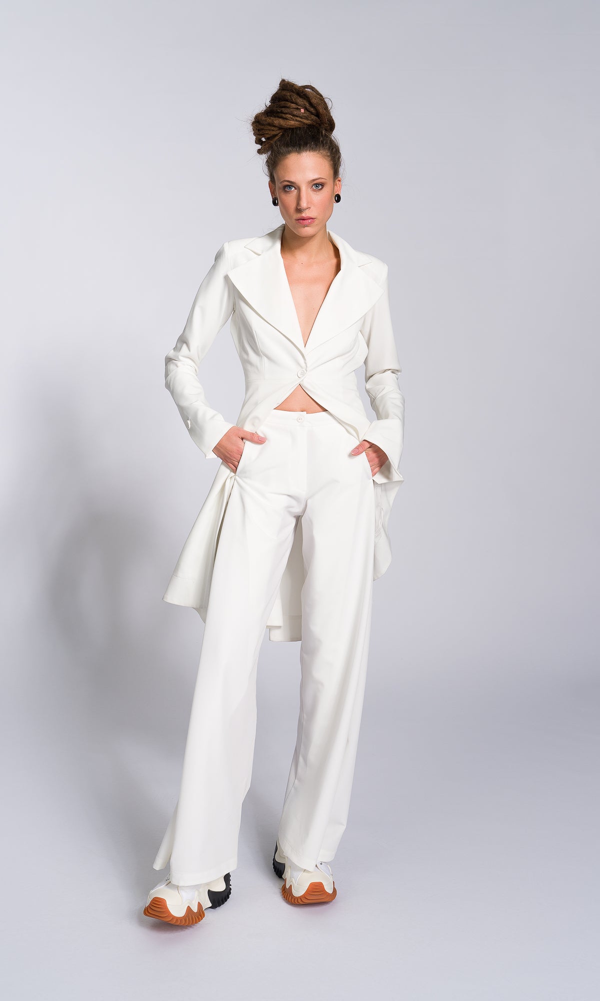 Two-piece Set of Asymmetric Buttoned Blazer and Wide Leg Pants - AAKASHA