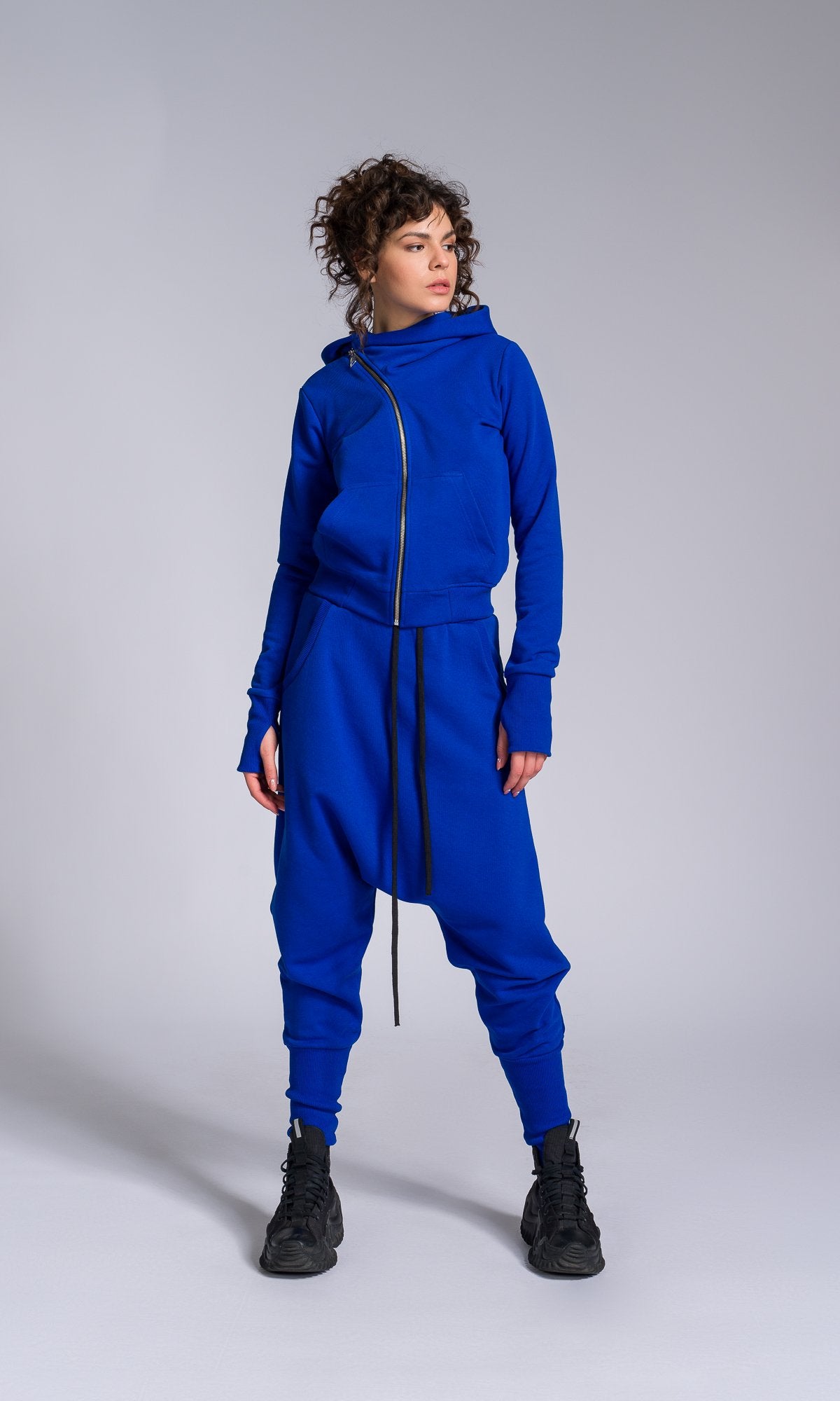 Two-piece Set of Deep Drop Crotch Pants and Asymmetric Short Hoodie - AAKASHA