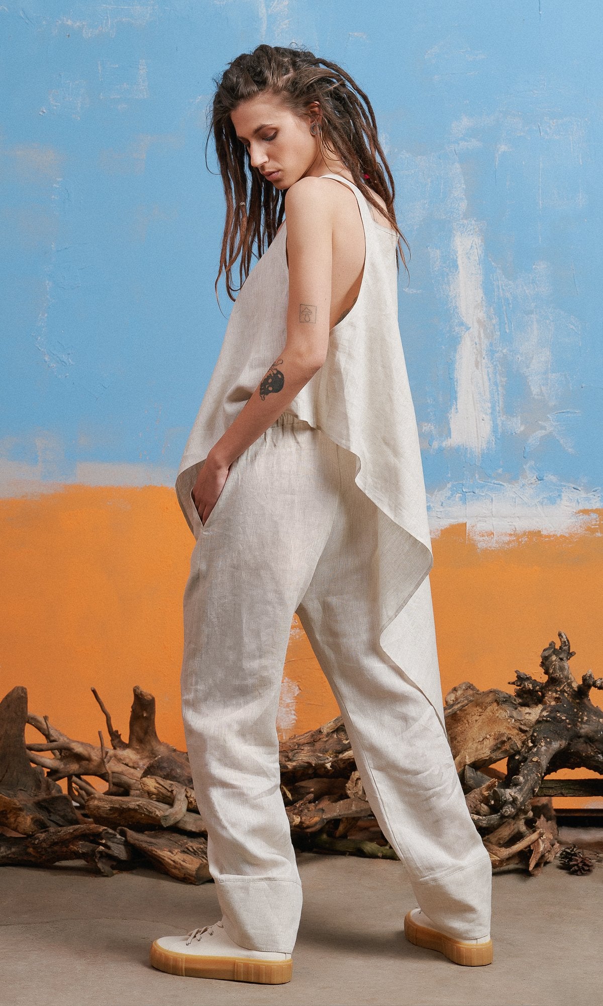 Linen Pants with Wide Ankle Cuffs