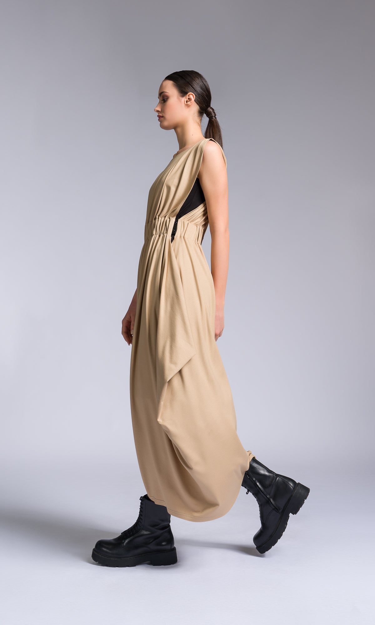 Bicolour Midi Dress with Gathered Waist - AAKASHA